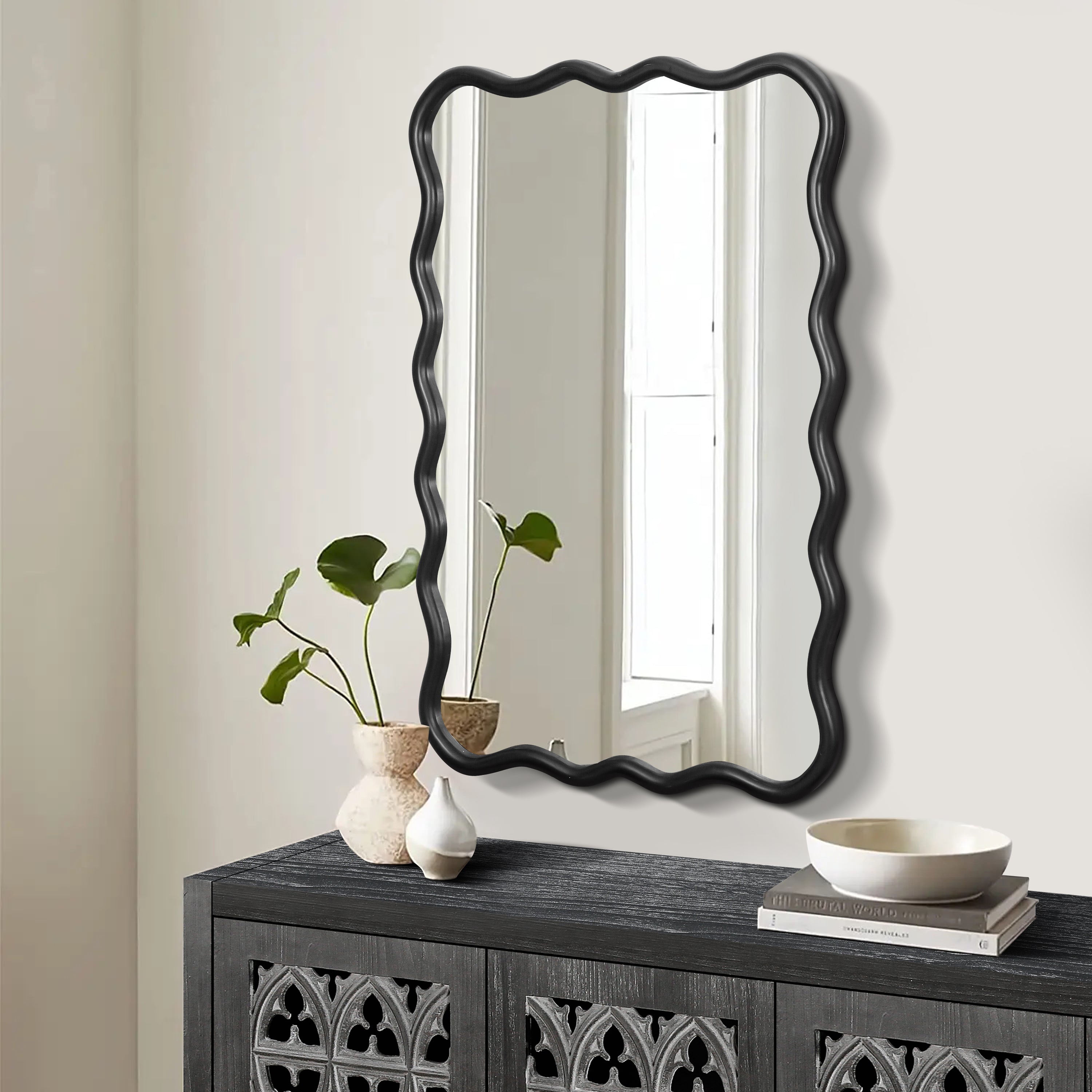 Wavy Rectangular Black Wall Mirror, Solid Wood, 28'' x 39.8''