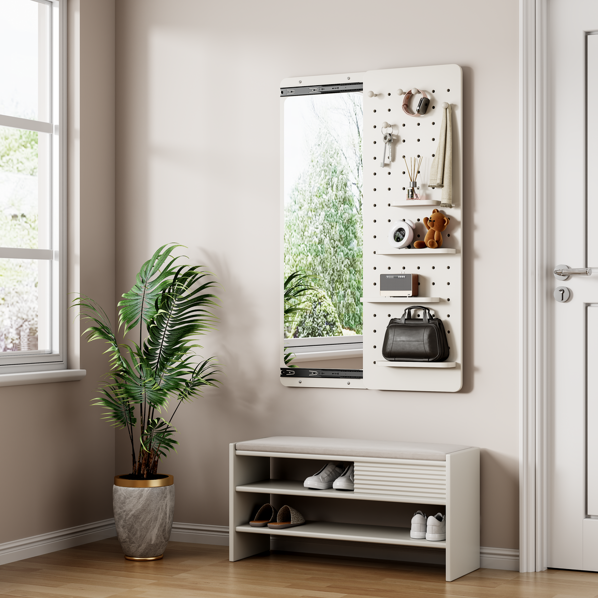 White Wall-Mounted Full-Length Mirror, 47.6 x 15.7 Inch Sliding Space-Saving Mirror with Multi-Functional Panel for Bedroom, Living Room & Entryway