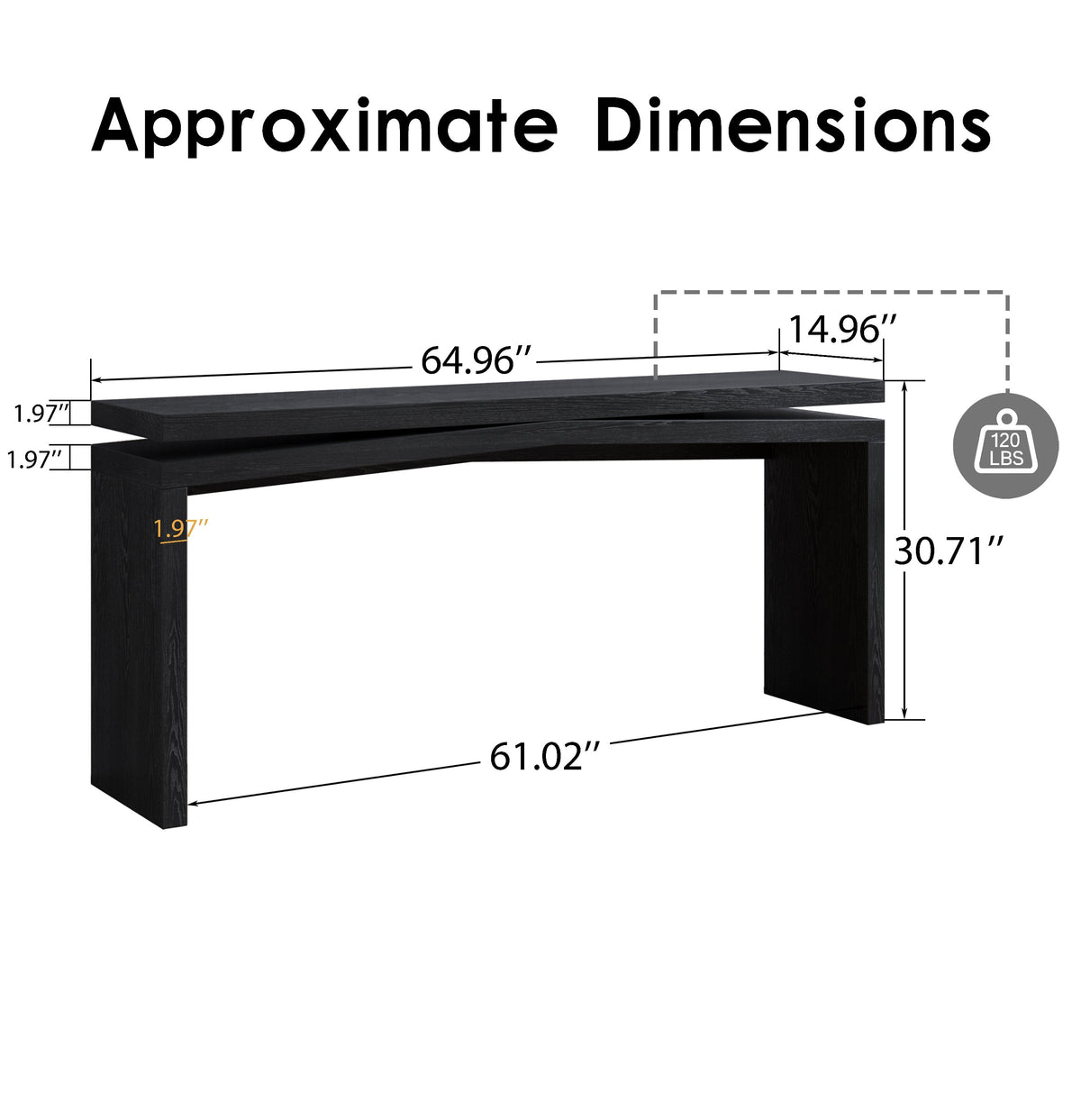 65-Inch Rustic Solid Wood Veneer Console Table, Farmhouse Sofa Table for Entryway, Living Room, Hallway & Behind Couch, Black