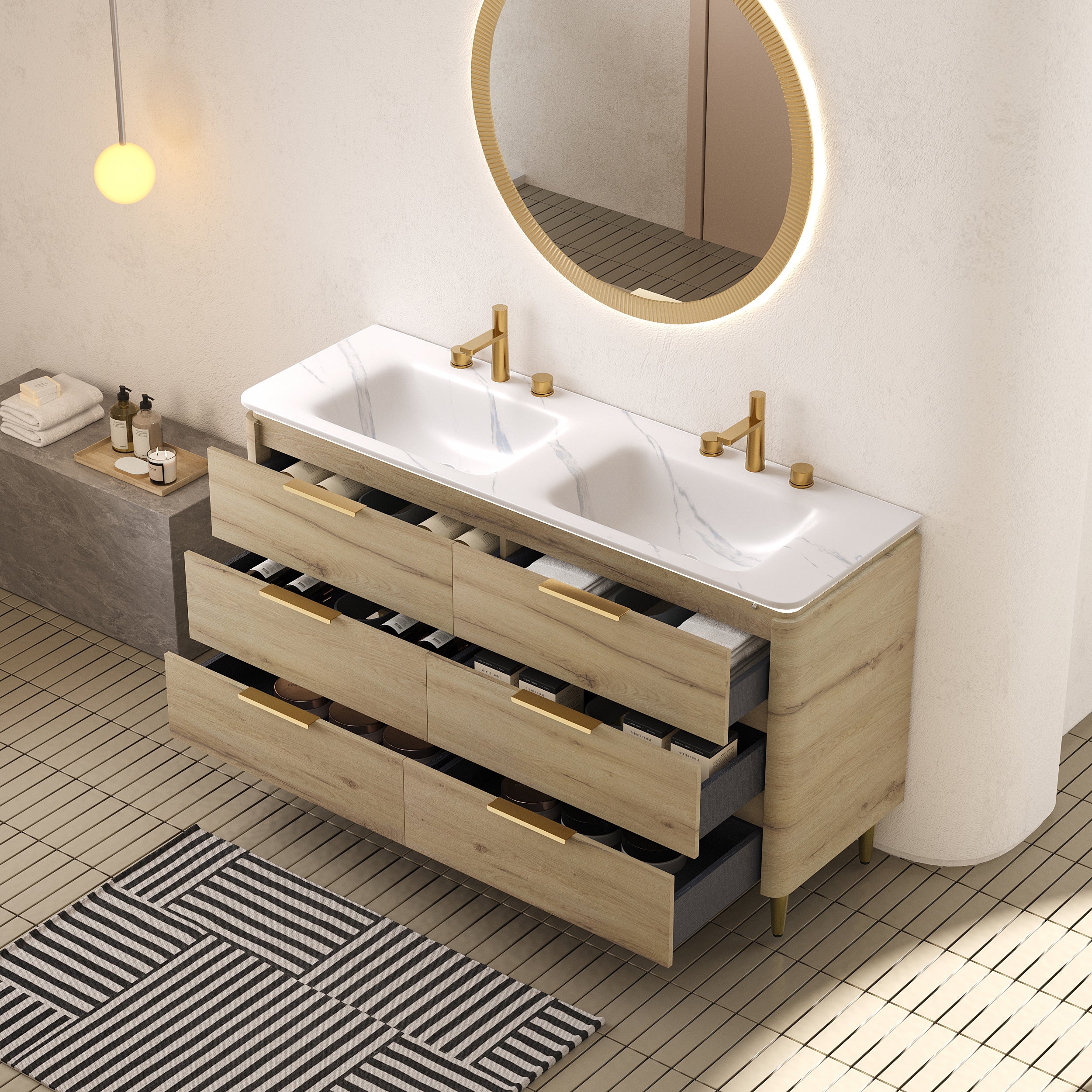 AMARA 60'' Bathroom Vanity&Sinks, Freestanding Curved Edges Plywood Bathroom Storage Cabinet with 6 Drawers, Carrara White Sintered Stone Integrated Basin, Pre-assembled, White Oak Woodgrain Color