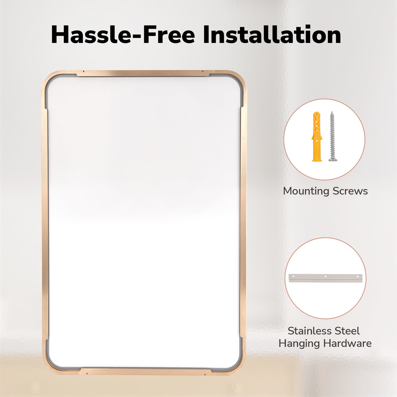 easy to install brushed gold frame vanity mirror with stainless steel wall mounting hardware