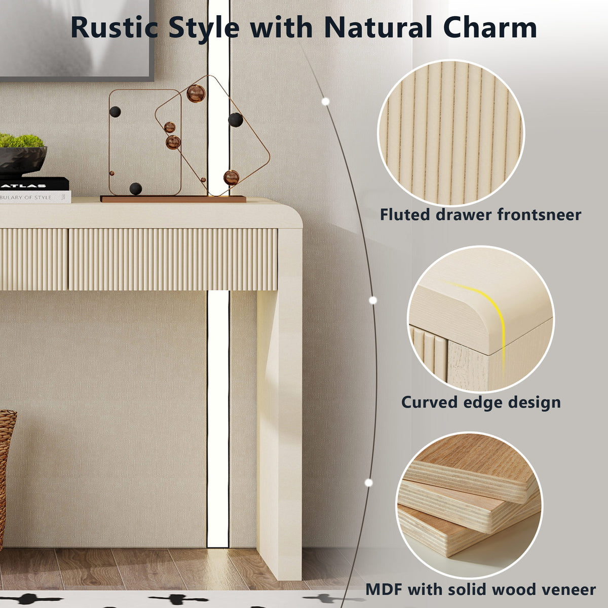 TREXM Rustic Fluted Console Table with 3 Drawers, Solid Wood Veneer Entryway Sofa Table with Natural Wood Grain, Apricot