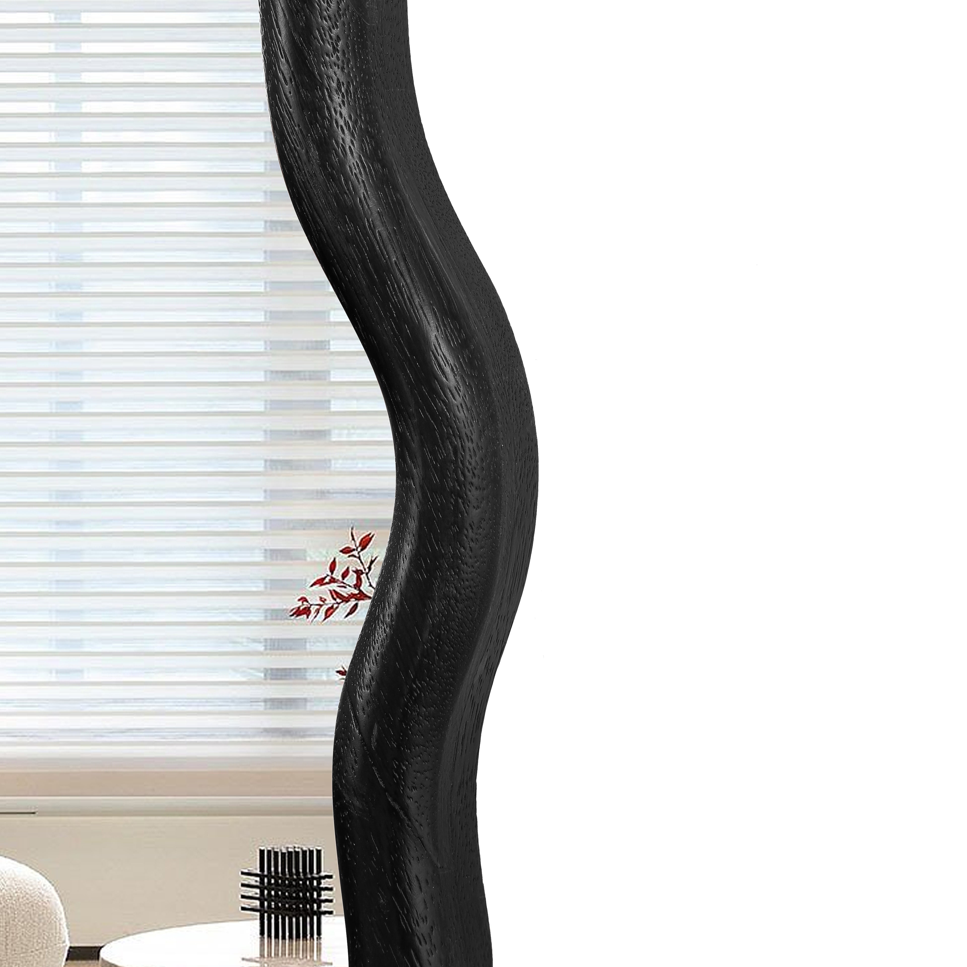 Wavy Round Black Wall Mirror, Solid Wood, 35.6'' Diameter