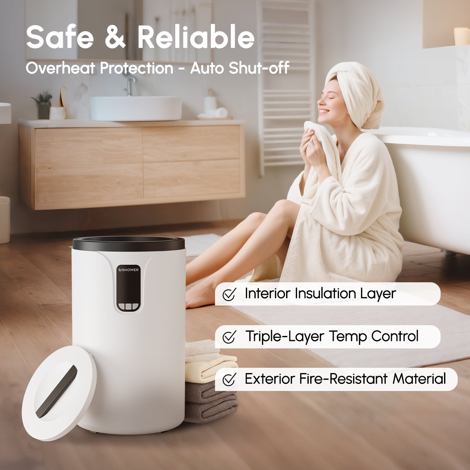 Safe and reliable towel warmer with triple layer insulation and auto shut off protection