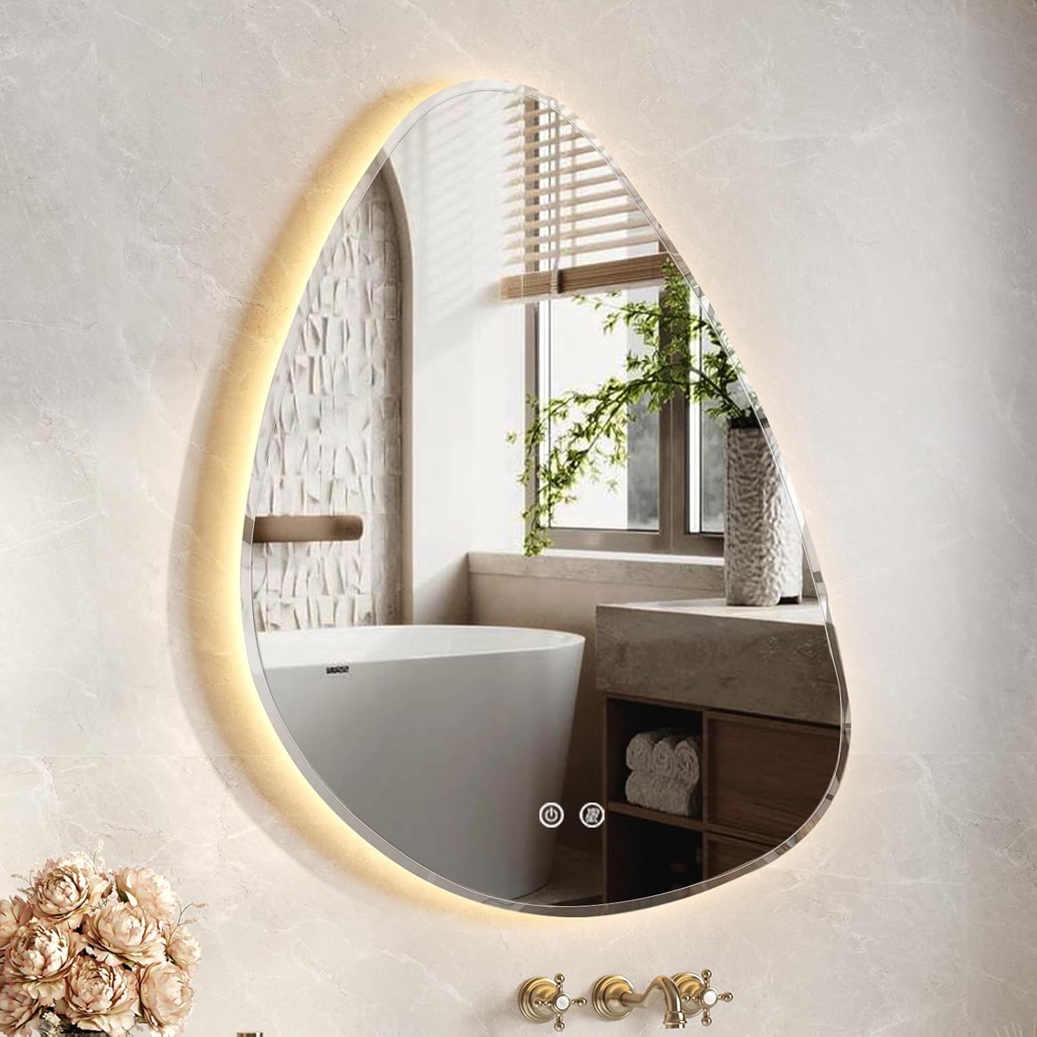 Teardrop shape LED bathroom mirror with backlit warm light, modern wall-mounted vanity mirror