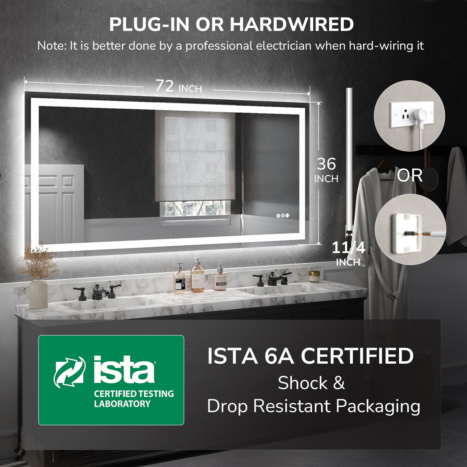 USHOWER Klara Series – 72'' x 36'' Rectangular LED Bathroom Mirror