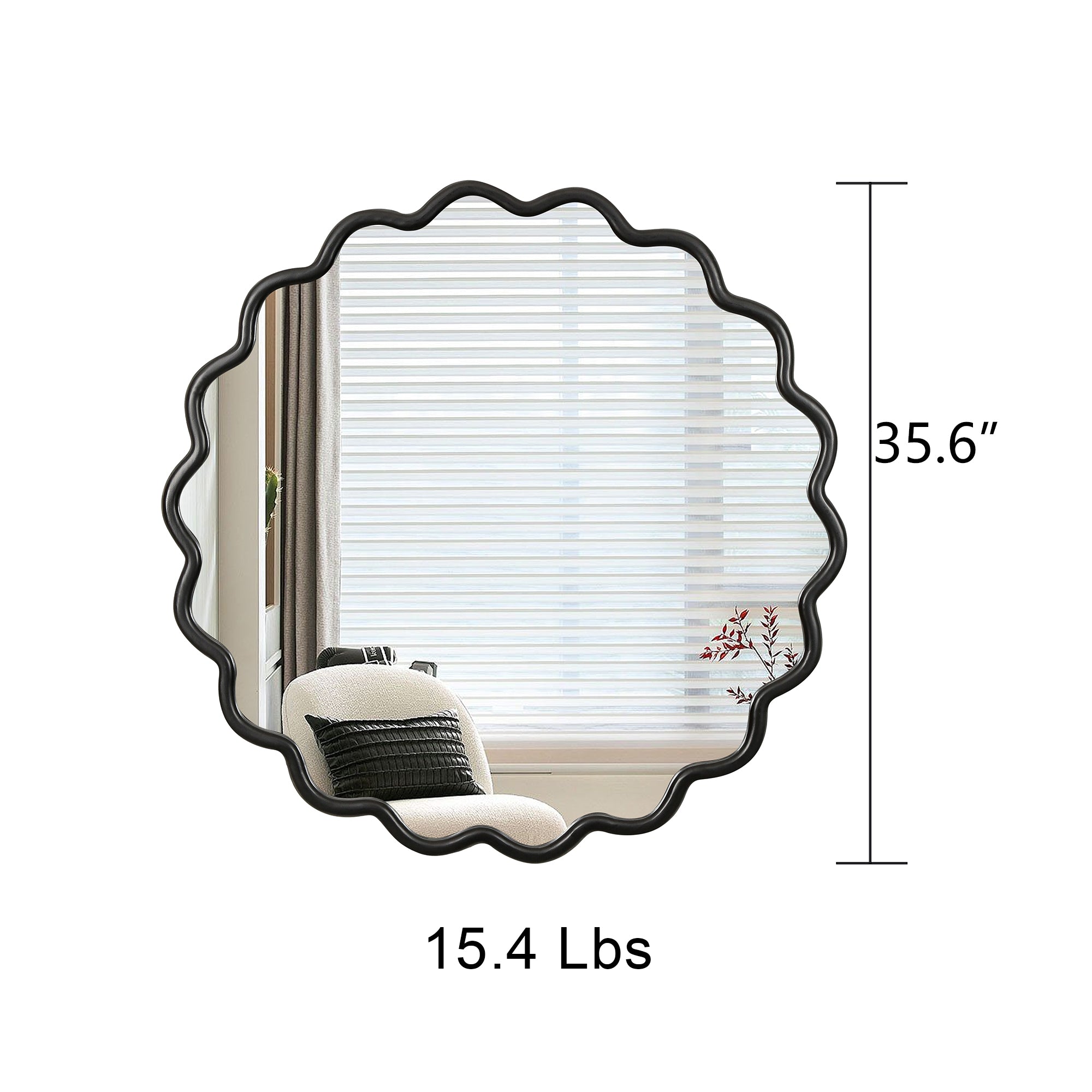 Wavy Round Black Wall Mirror, Solid Wood, 35.6'' Diameter
