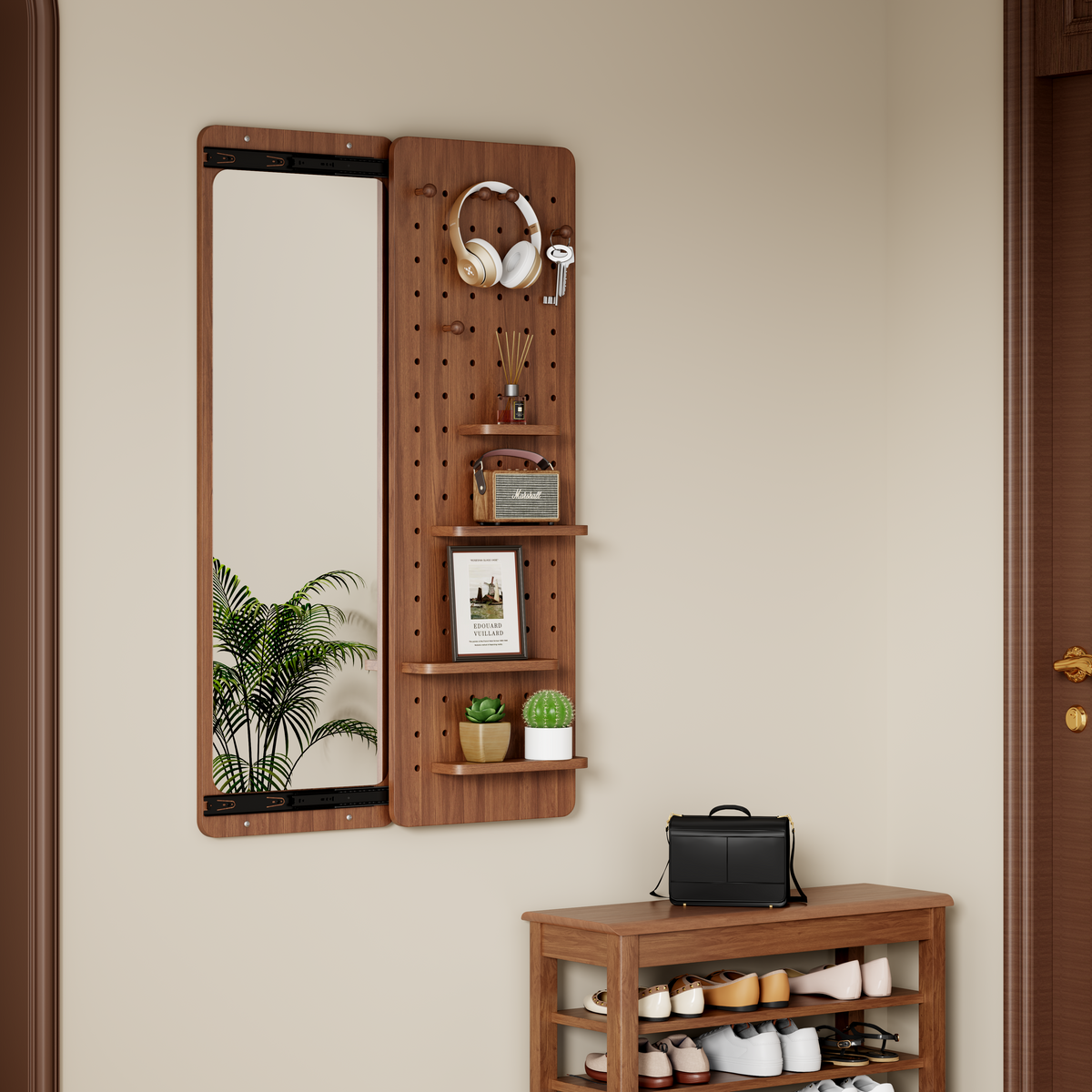 Walnut Wall-Mounted Full-Length Mirror, 47.6 x 15.7 Inch Sliding Space-Saving Mirror with Multi-Functional Panel for Bedroom, Living Room & Entryway