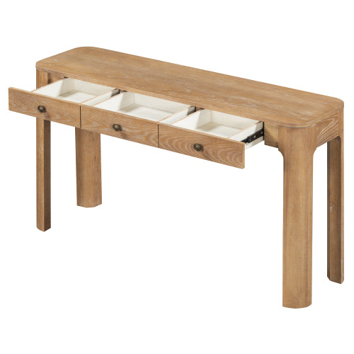 TREXM Rustic Console Table with 3 Concealed Drawers, Farmhouse Entryway Sofa Table with Curved Corners & Thick Legs for Living Room & Hallway, Natural