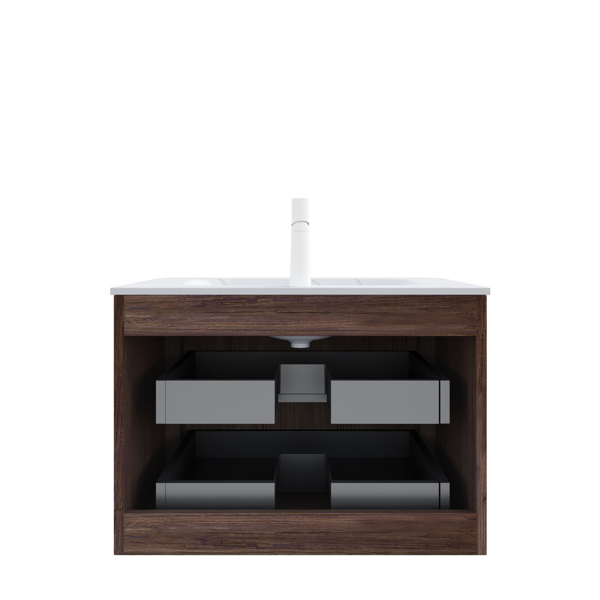 NOOR 30" Bathroom Vanity with Sink, Wall-Mounted Floating Plywood Bathroom Storage Cabinet with 2 Drawers, Carrara White Basin, NO Faucet, Pre-assembled, Retro Walnut Woodgrain Color