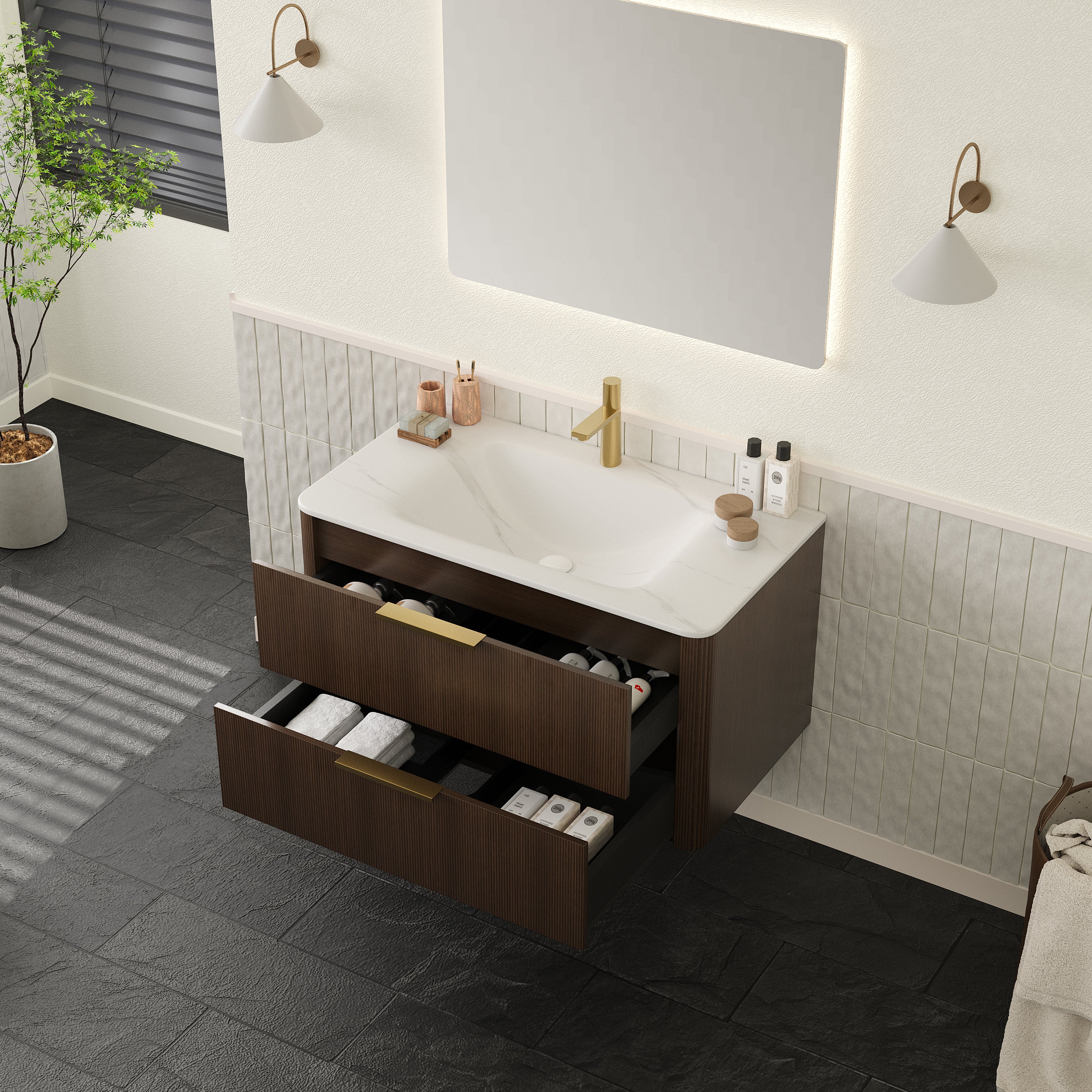ZANE 36" Bathroom Vanity with Sink, Floating Ultra-Pinstriped Plywood Storage Cabinet with Drawers, Carrara White Sintered Stone Hot-bent Integrated Basin, Pre-assembled, Italy Walnut Woodgrain Color