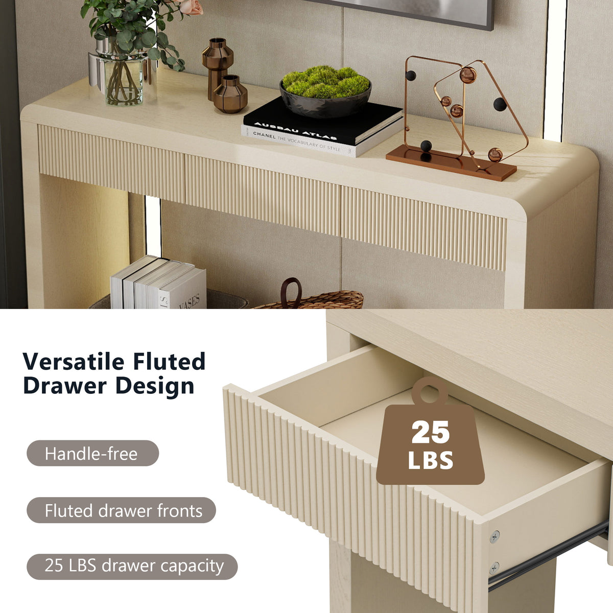 TREXM Rustic Fluted Console Table with 3 Drawers, Solid Wood Veneer Entryway Sofa Table with Natural Wood Grain, Apricot