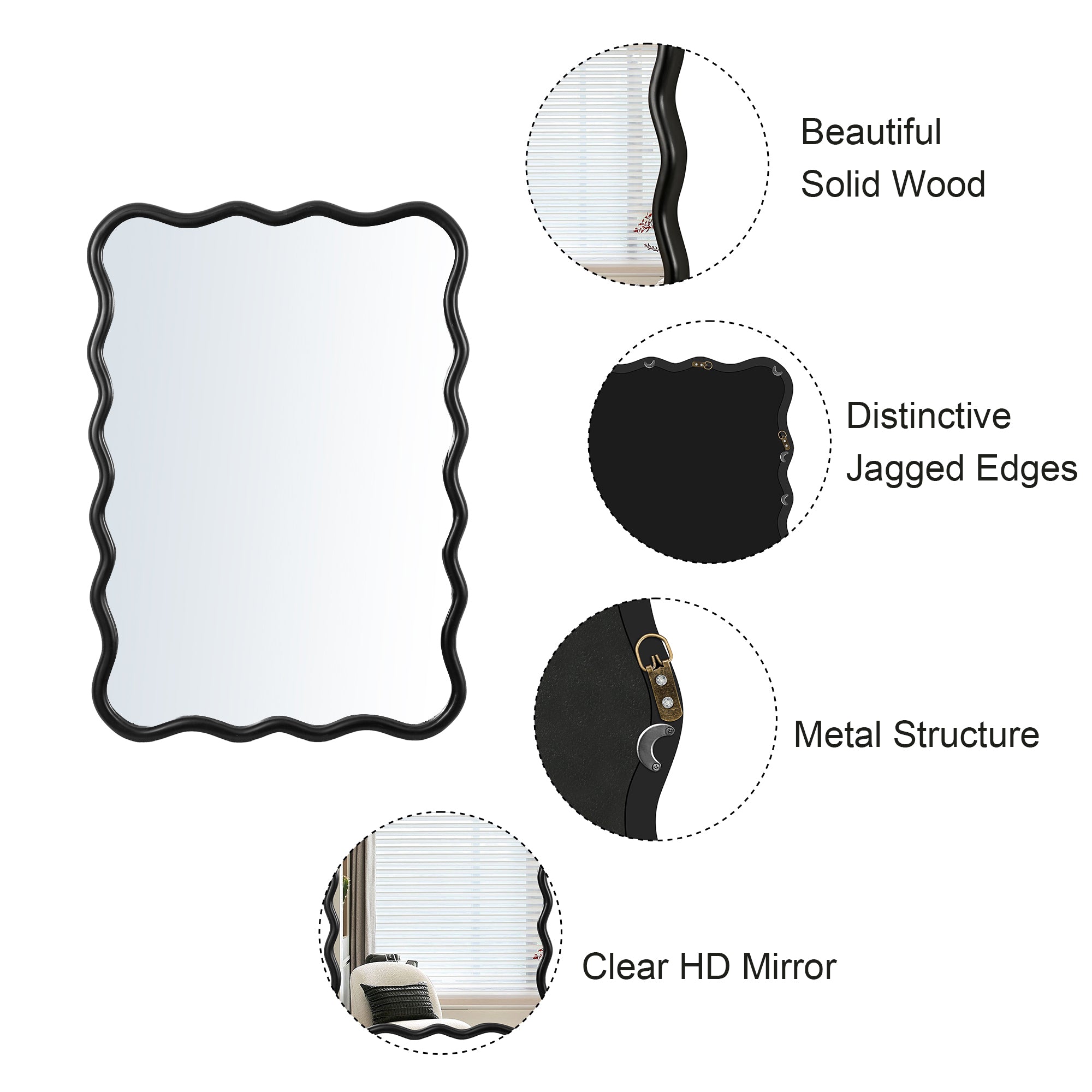 Wavy Rectangular Black Wall Mirror, Solid Wood, 28'' x 39.8''