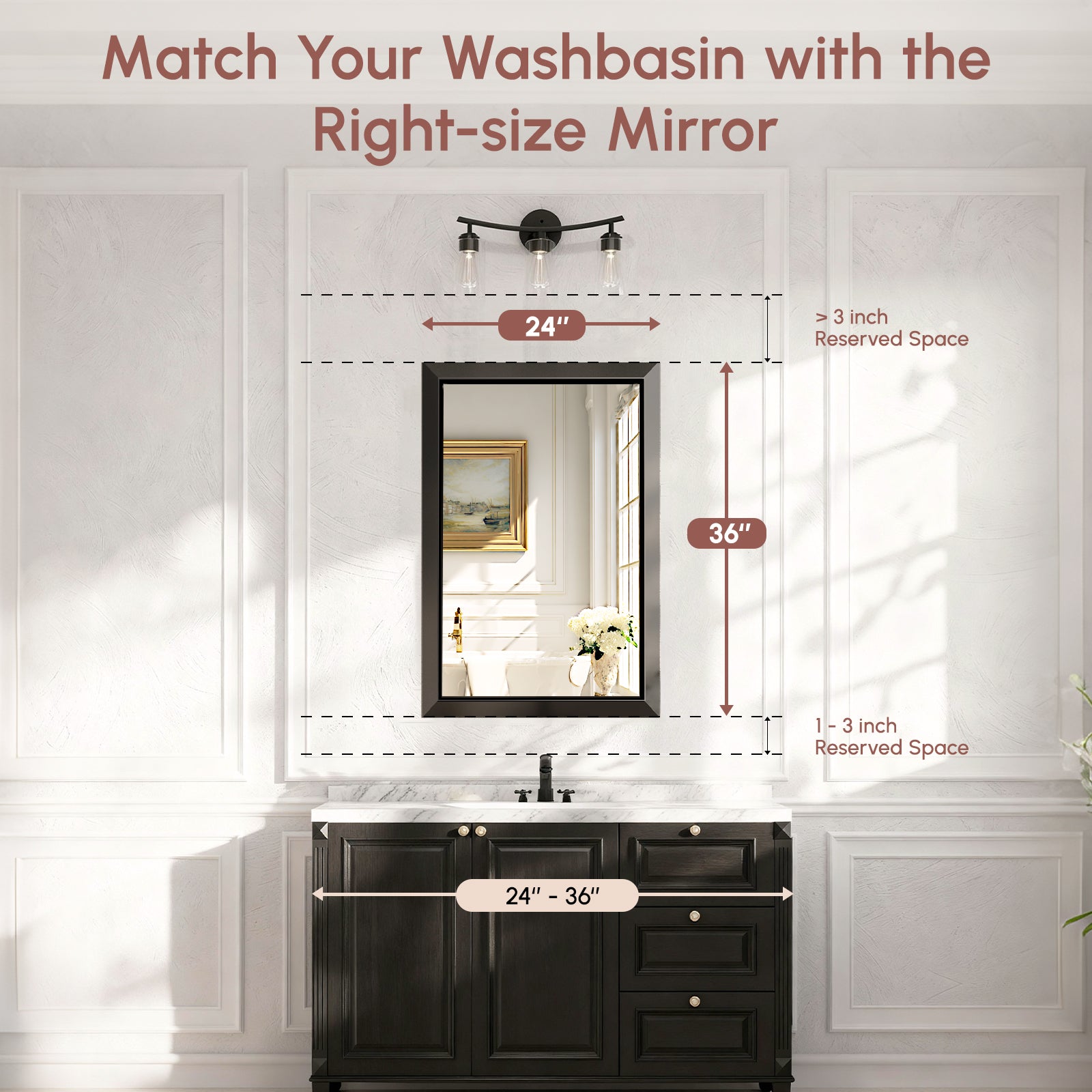 USHOWER Canvas Series Black Beveled Bathroom Mirror 24''x36''