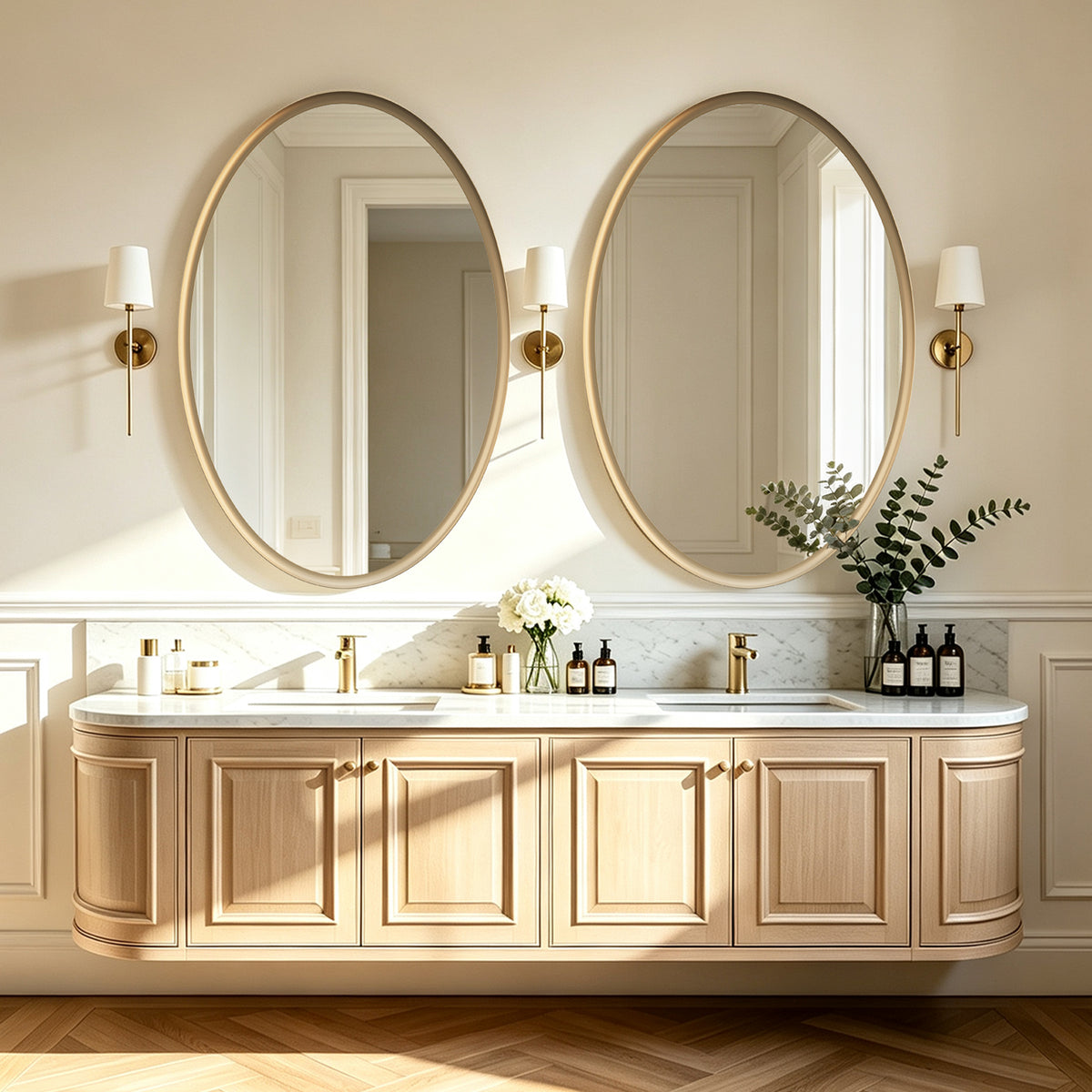 USHOWER Curva Brushed Gold Oval Bathroom Mirror, 24x36 Inch Oval Mirror