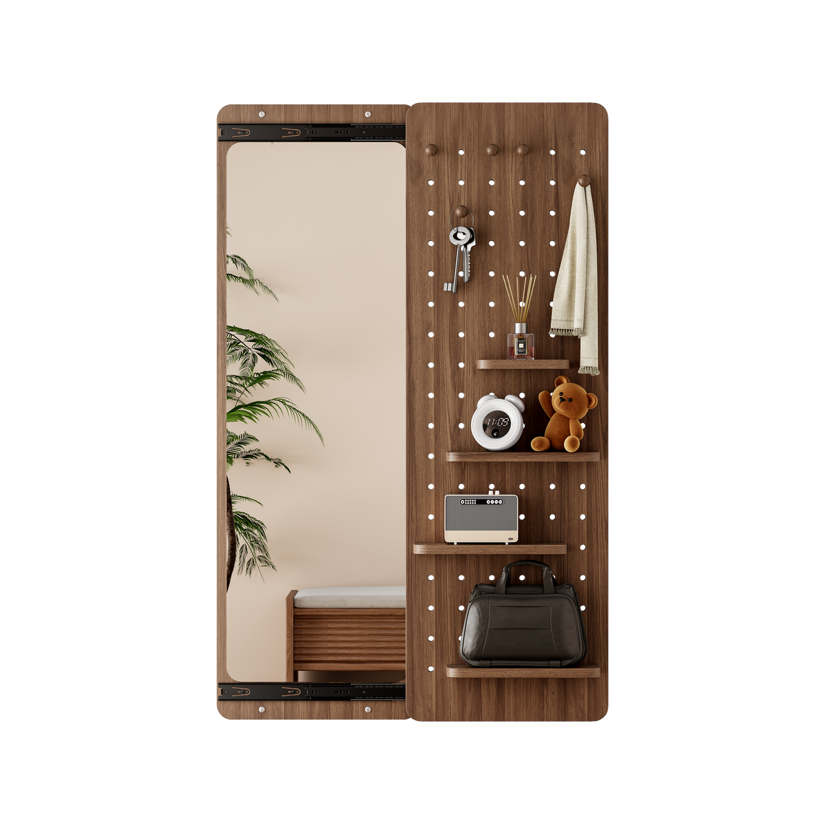 Walnut Wall-Mounted Full-Length Mirror, 47.6 x 15.7 Inch Sliding Space-Saving Mirror with Multi-Functional Panel for Bedroom, Living Room & Entryway