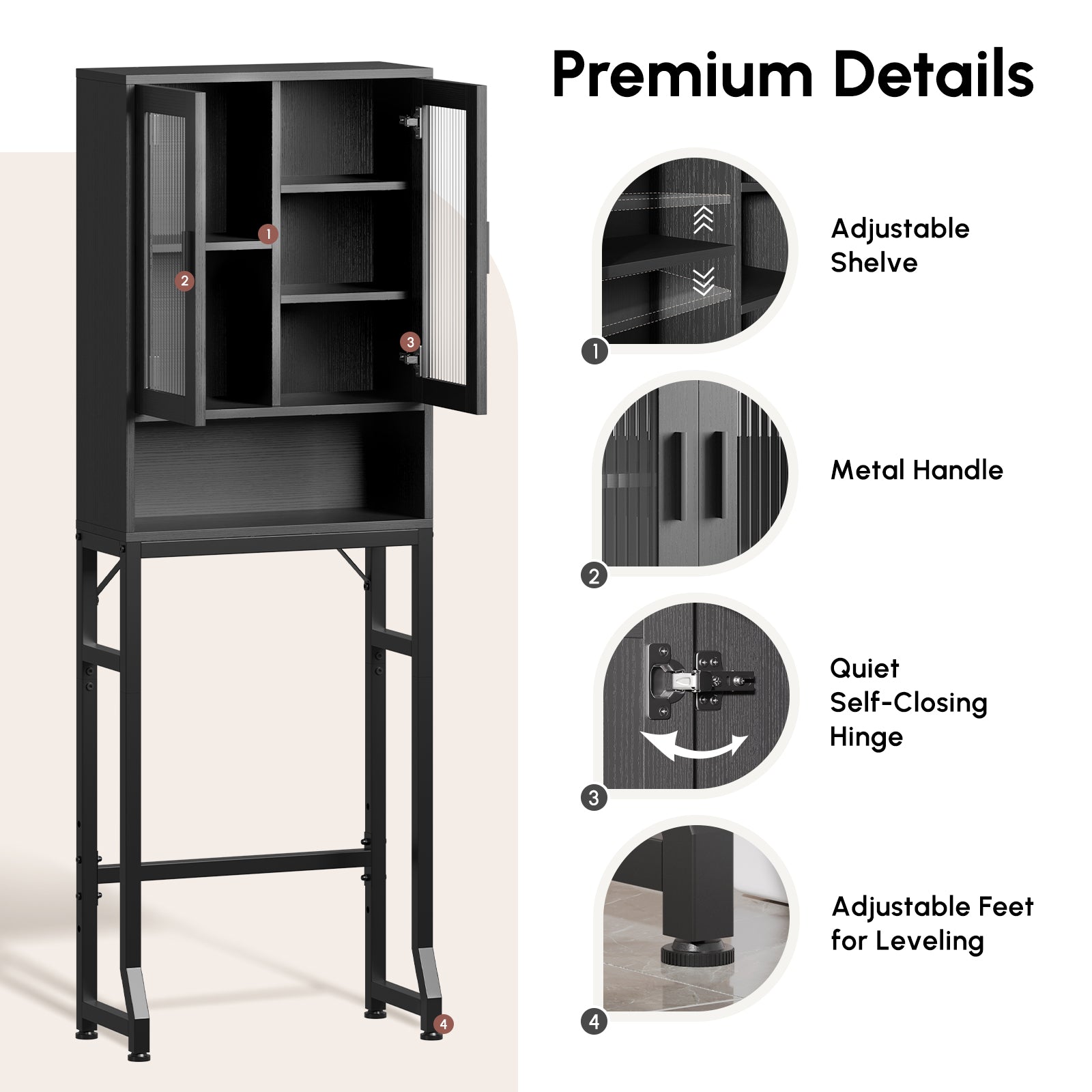 Black Bathroom Storage Rack with Adjustable Shelves, Soft-Closing Glass Doors, Adjustable Feet, Over Toilet Organizer