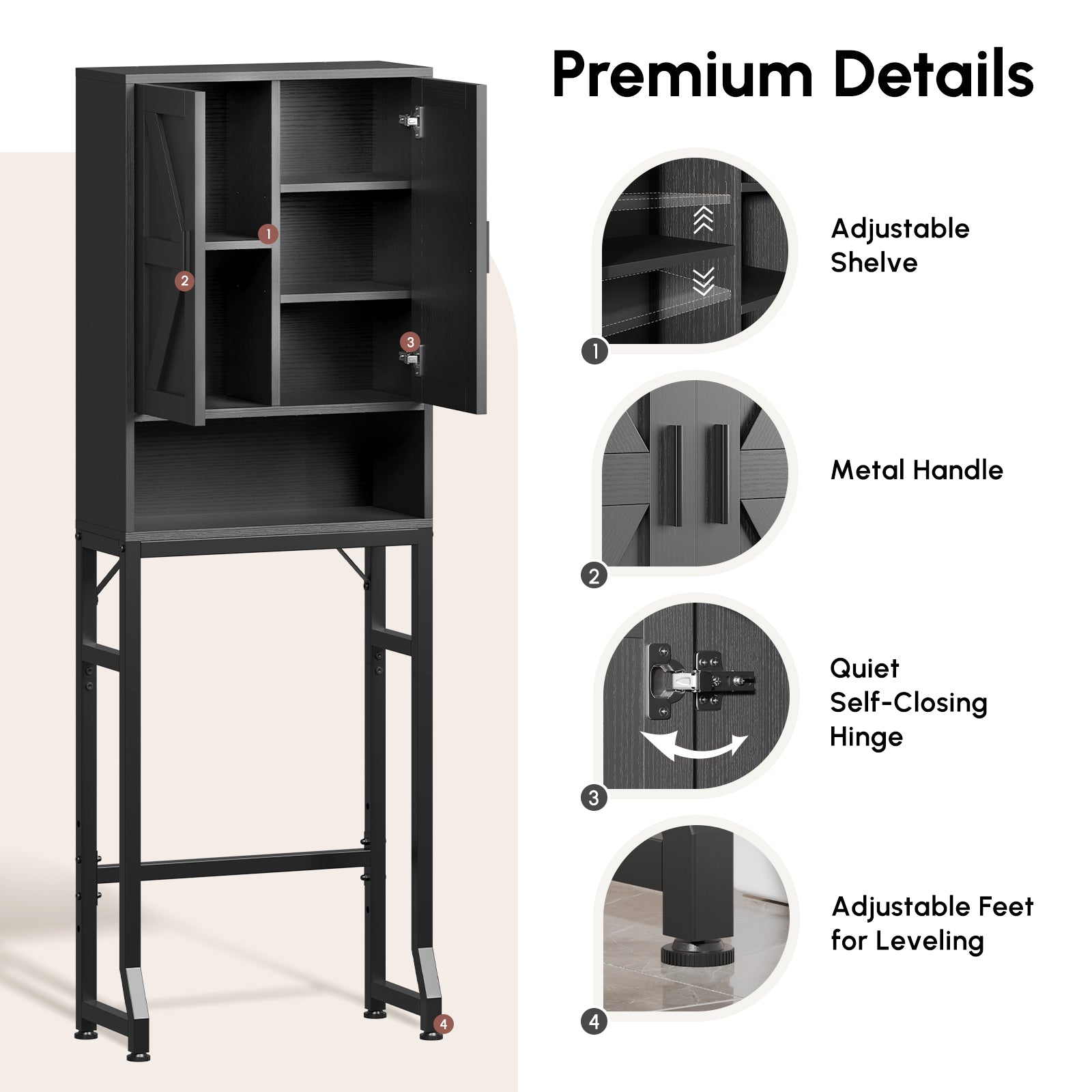 Black Bathroom Organizer Rack Featuring Adjustable Shelves, Soft-Closing Hinges, Adjustable Feet, Space Saver Over Toilet