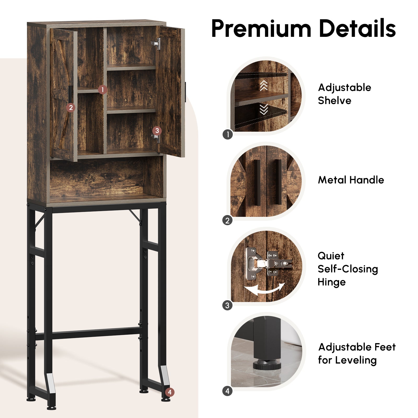 USHOWER Stokado Series – Over-the-Toilet Storage Cabinet with Wood Doors, Rustic Brown