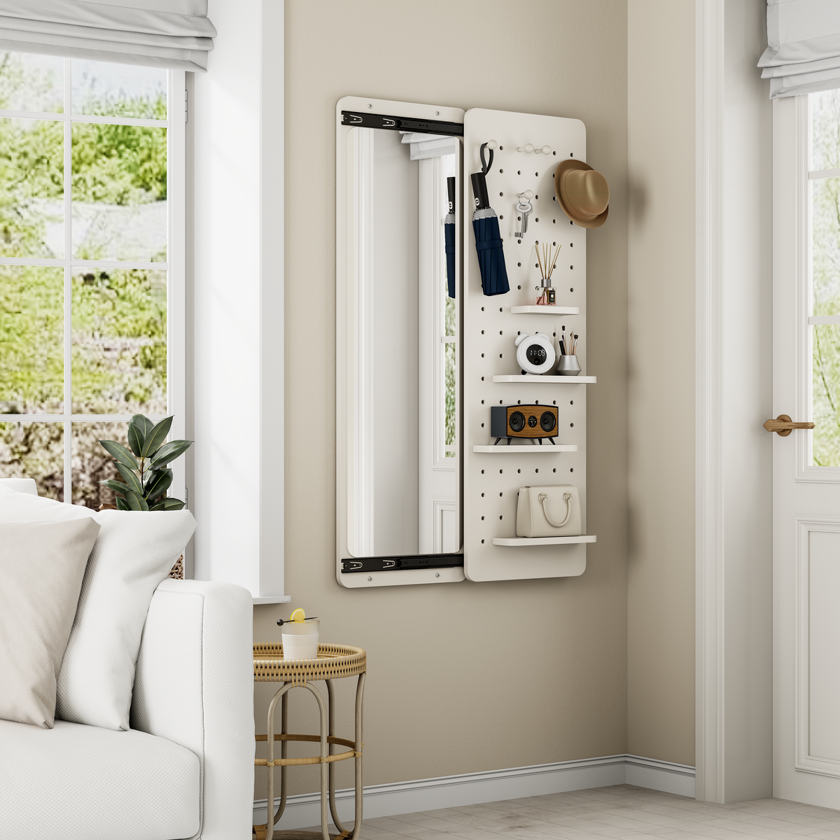 White Wall-Mounted Full-Length Mirror, 47.6 x 15.7 Inch Sliding Space-Saving Mirror with Multi-Functional Panel for Bedroom, Living Room & Entryway