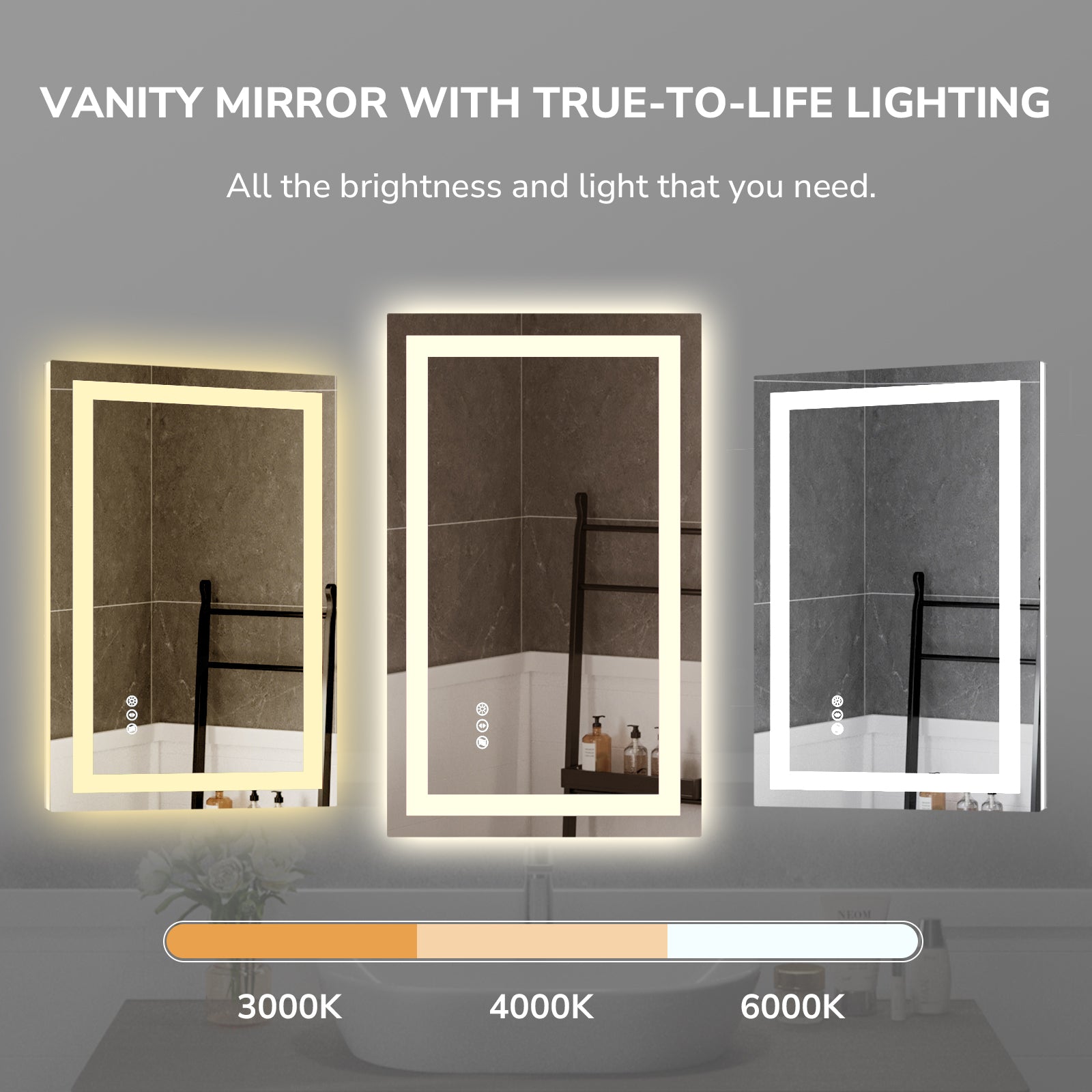 USHOWER Klara Series 60x36 Rectangular LED Bathroom Mirror with 3000K–6000K Adjustable Color Temperature Lighting