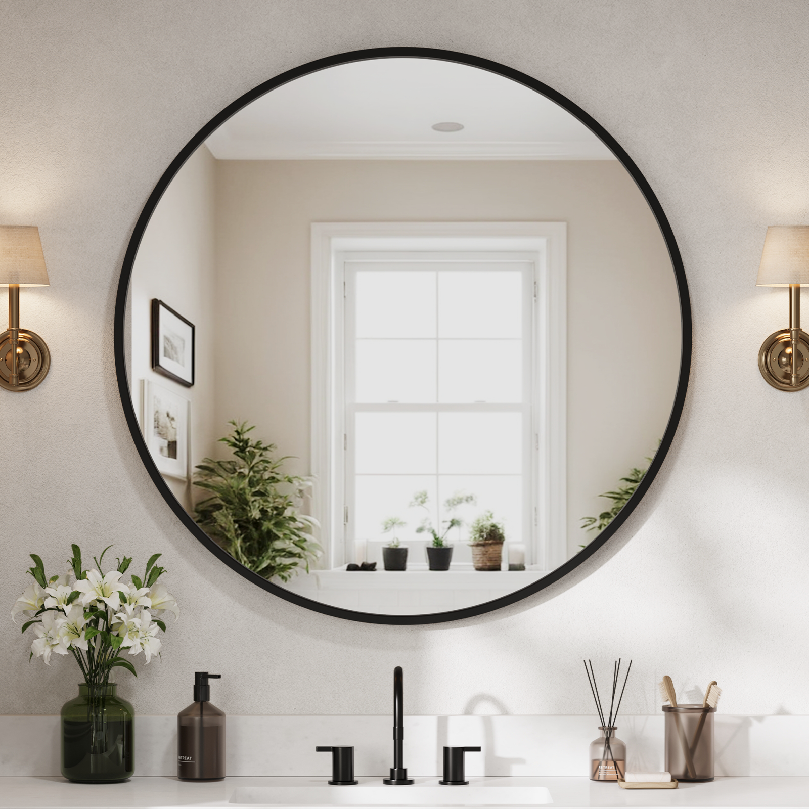 42-inch round black metal frame vanity mirror in modern bathroom setting
