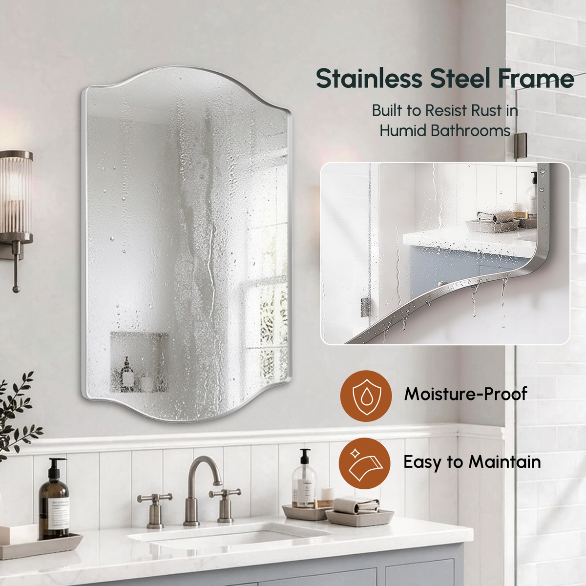 Stainless Steel Frame Silver Double Arch Bathroom Mirror – 24" x 32"