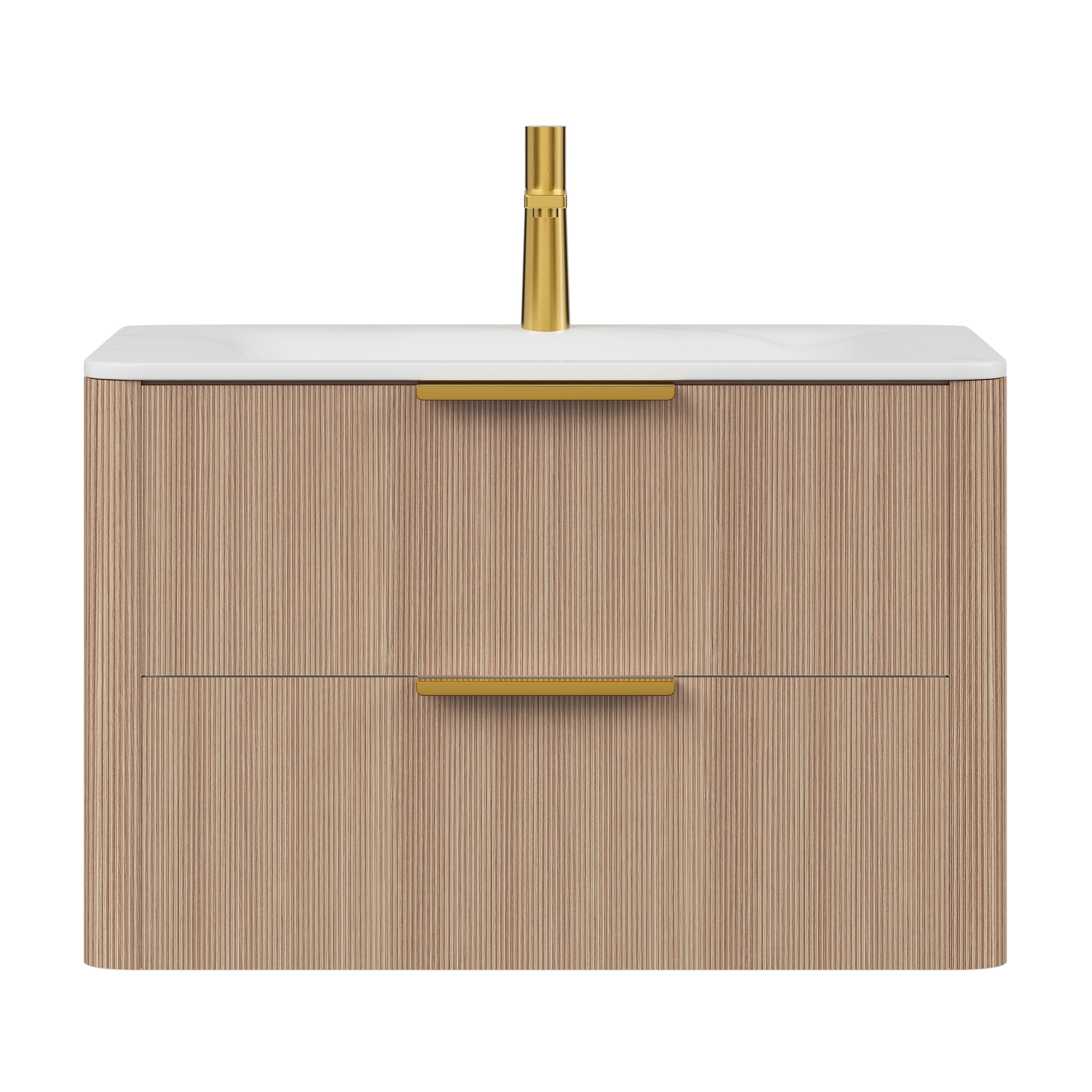 ZANE 30" Bathroom Vanity with Sink, Floating Ultra-Pinstriped Plywood Storage Cabinet with Drawers, Carrara White Sintered Stone Hot-bent Integrated Basin, Pre-assembled, Light Natural Woodgrain Color