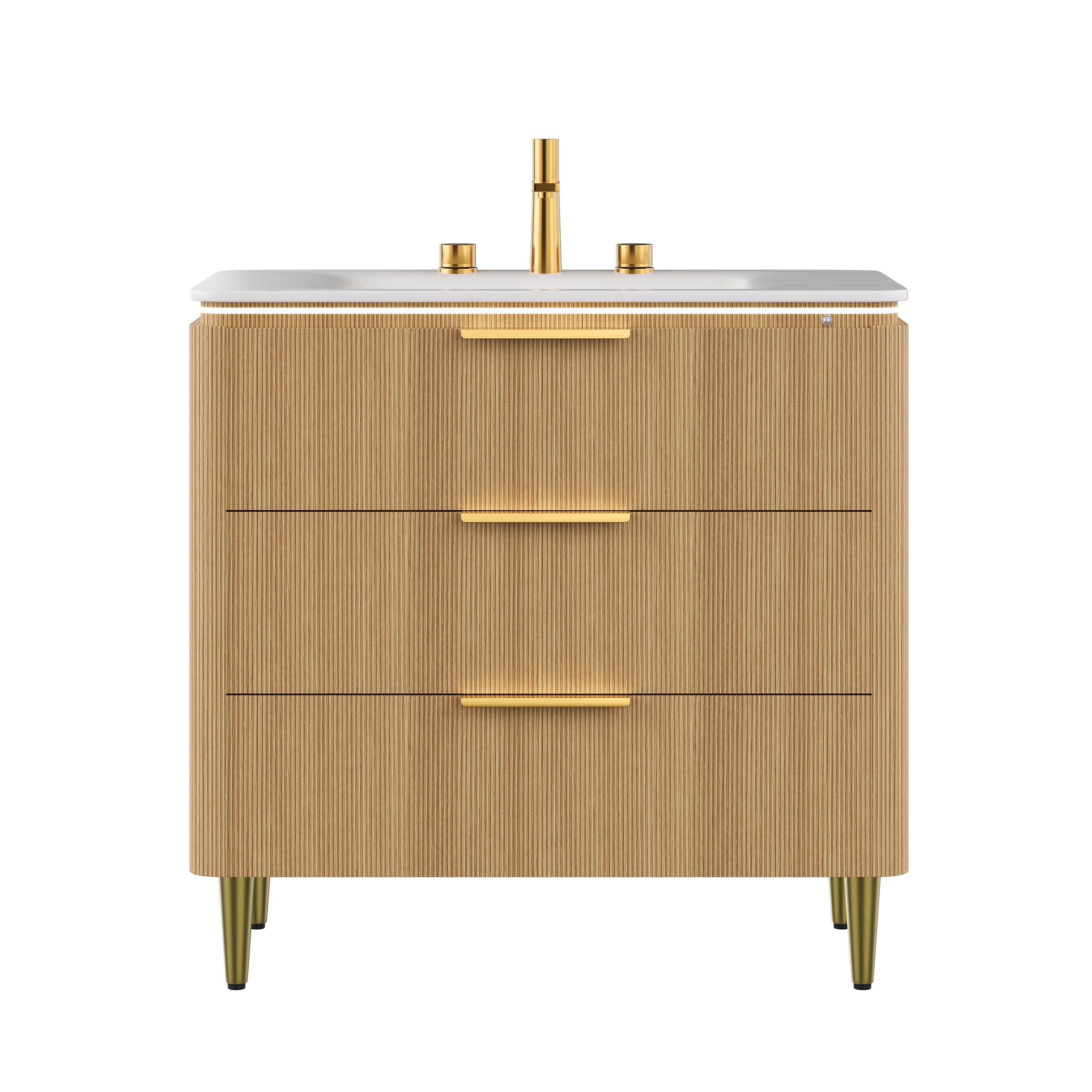 AMARA 36'' Bathroom Vanity&Sink, Freestanding Curved Edges Ultra-Slim Grille Plywood Storage Cabinet, 3 Drawers, Carrara White Sintered Stone Integrated Basin, Pre-assembled, Light Oak Woodgrain Color
