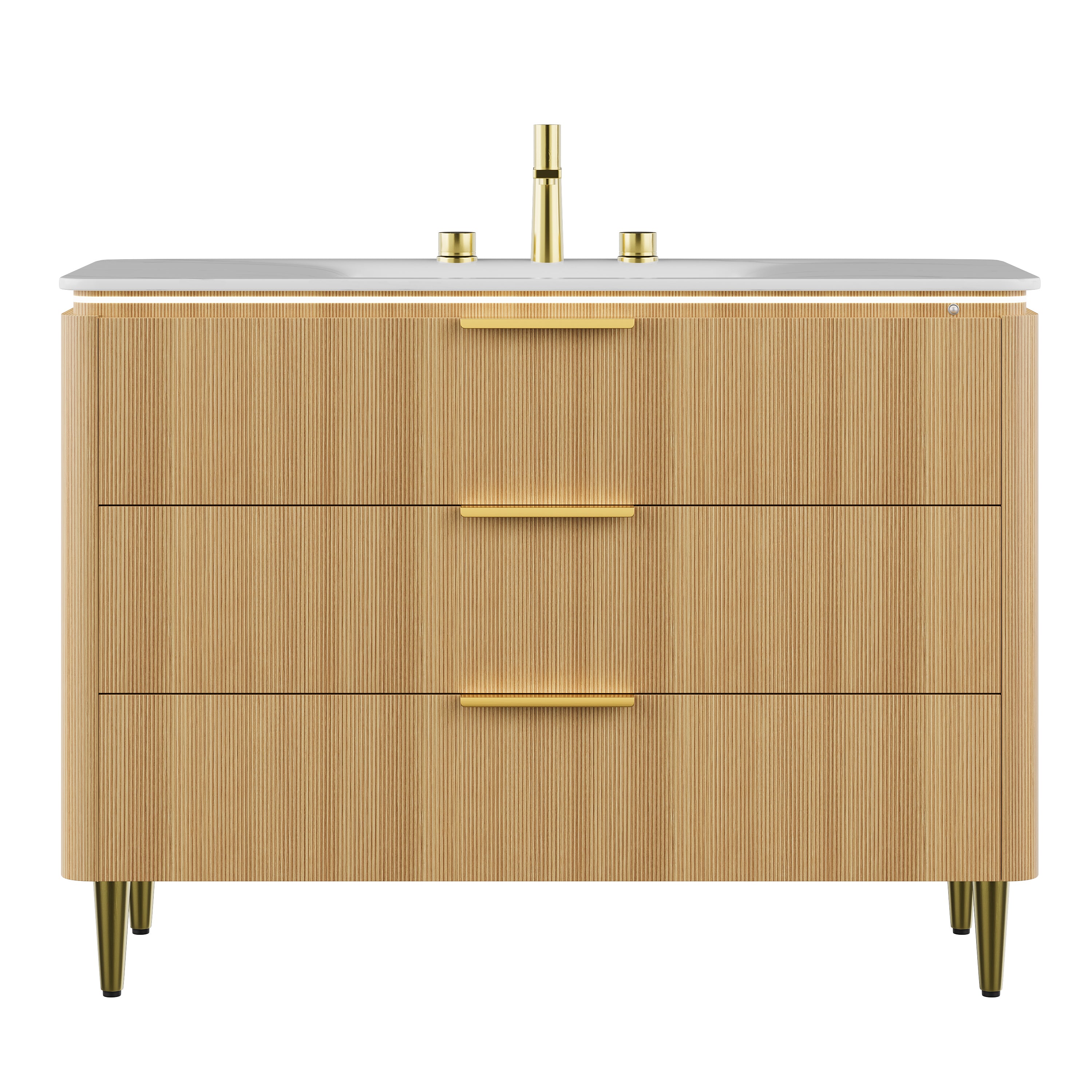 AMARA 48'' Bathroom Vanity&Sink, Freestanding Curved Edges Ultra-Slim Grille Plywood Storage Cabinet, 3 Drawers, Carrara White Sintered Stone Integrated Basin, Pre-assembled, Light Oak Woodgrain Color