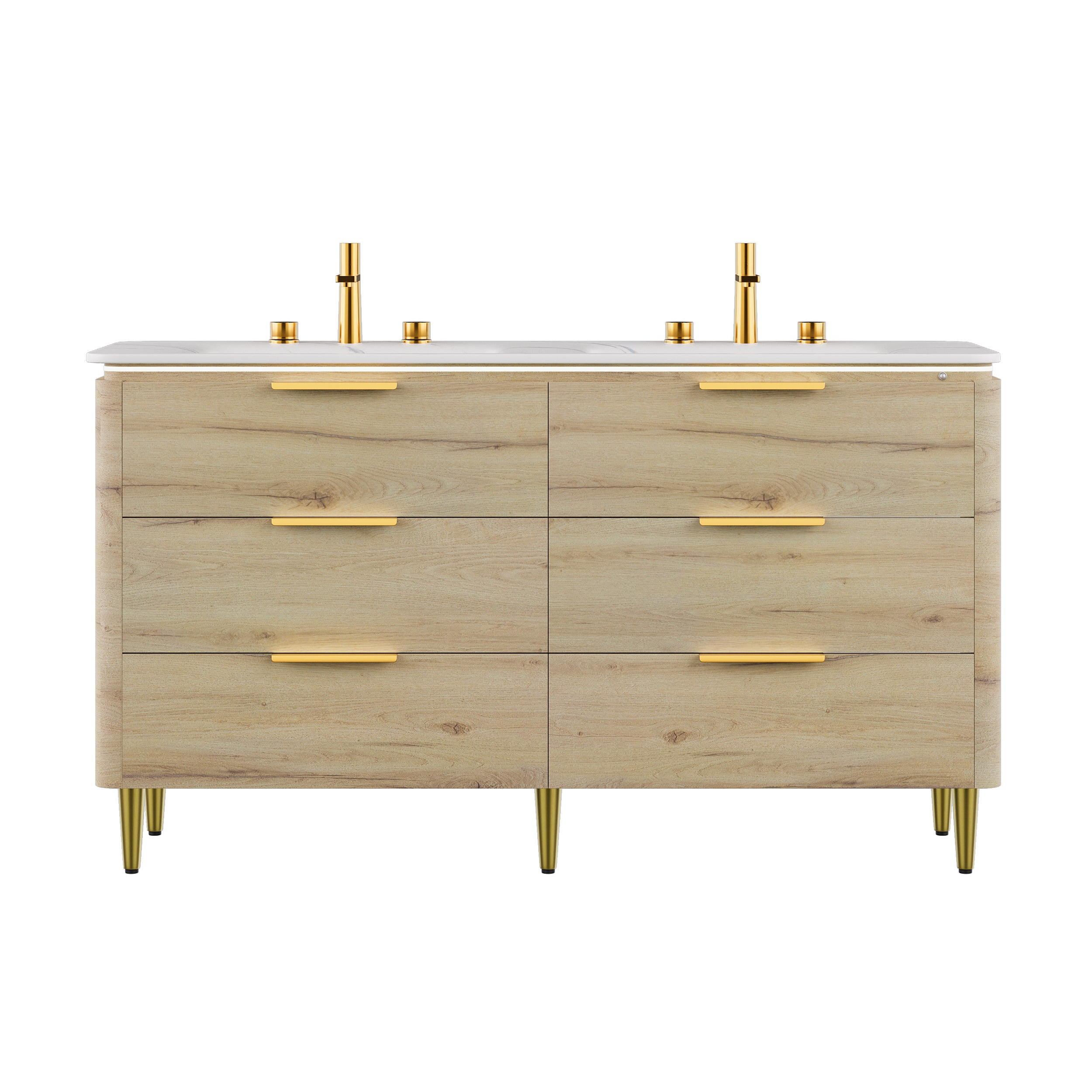 AMARA 60'' Bathroom Vanity&Sinks, Freestanding Curved Edges Plywood Bathroom Storage Cabinet with 6 Drawers, Carrara White Sintered Stone Integrated Basin, Pre-assembled, White Oak Woodgrain Color