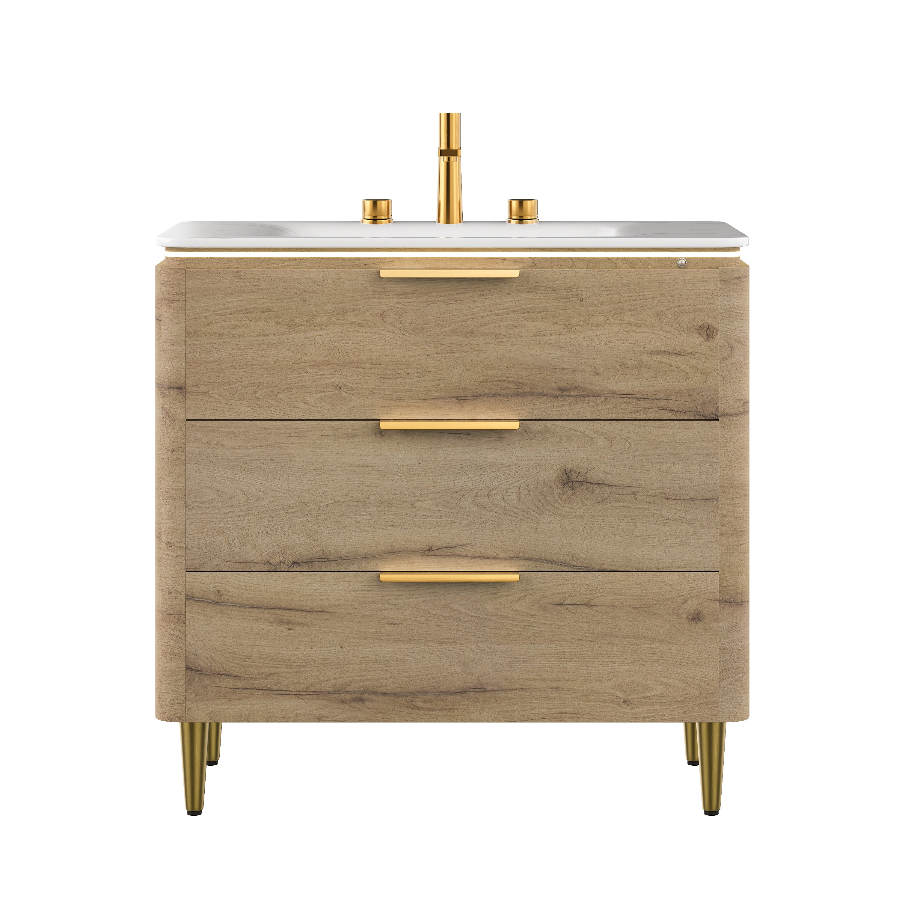 AMARA 36'' Bathroom Vanity with Sink, Freestanding Curved Edges Plywood Bathroom Storage Cabinet with 3 Drawers, Carrara White Sintered Stone Integrated Basin, Pre-assembled, White Oak Woodgrain Color
