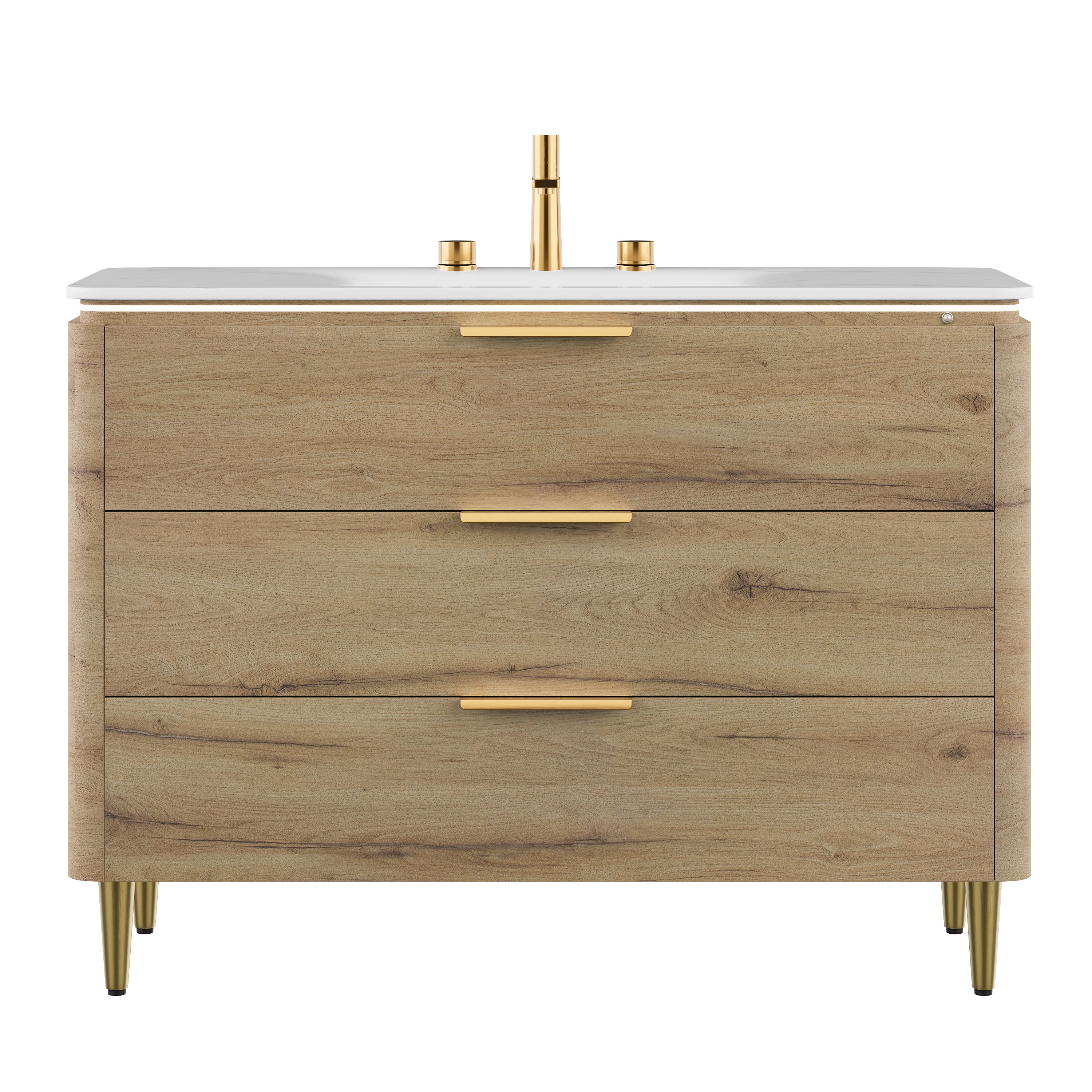 AMARA 48'' Bathroom Vanity with Sink, Freestanding Curved Edges Plywood Bathroom Storage Cabinet with 3 Drawers, Carrara White Sintered Stone Integrated Basin, Pre-assembled, White Oak Woodgrain Color