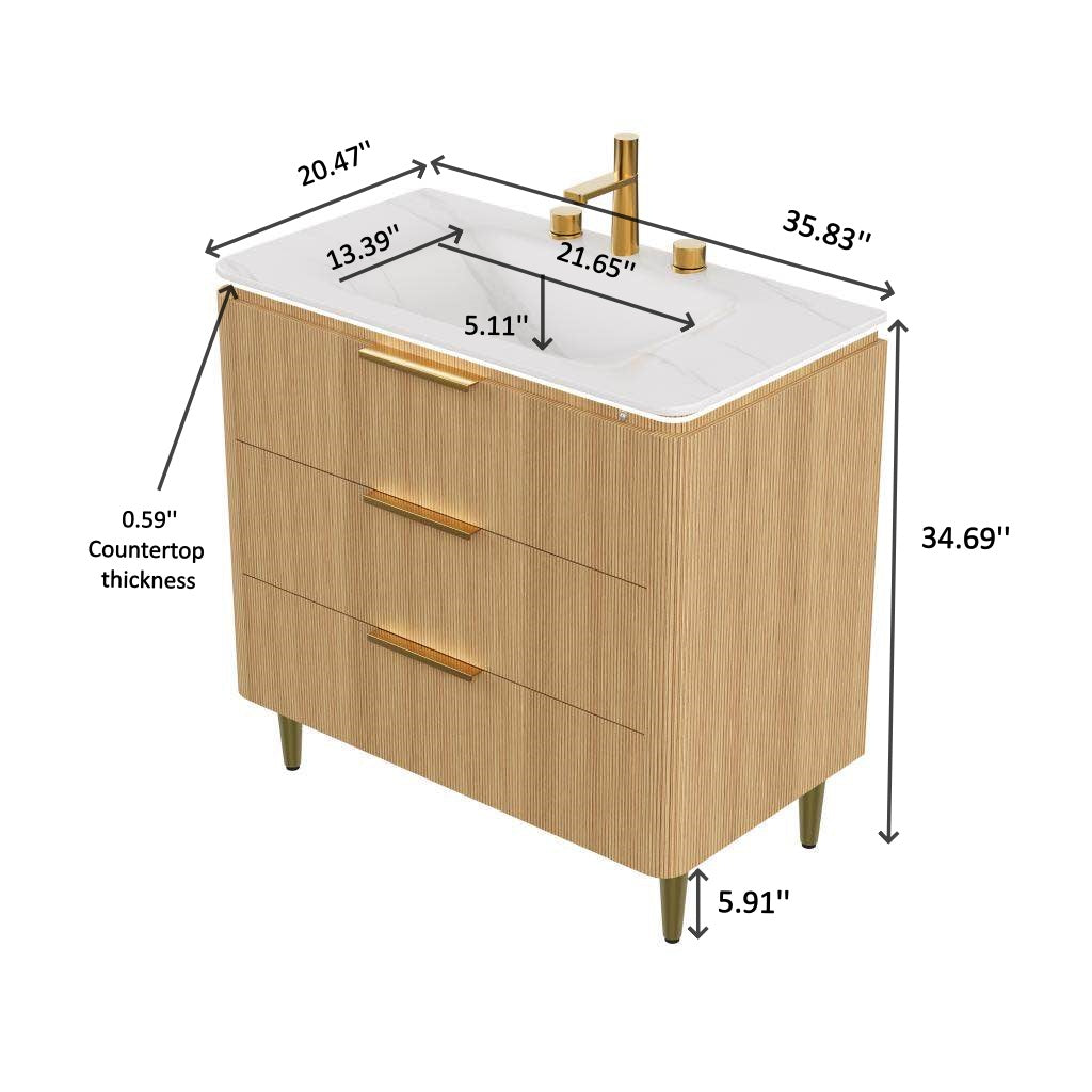 AMARA 36'' Bathroom Vanity&Sink, Freestanding Curved Edges Ultra-Slim Grille Plywood Storage Cabinet, 3 Drawers, Carrara White Sintered Stone Integrated Basin, Pre-assembled, Light Oak Woodgrain Color