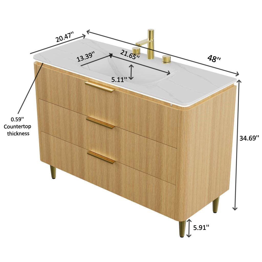 AMARA 48'' Bathroom Vanity&Sink, Freestanding Curved Edges Ultra-Slim Grille Plywood Storage Cabinet, 3 Drawers, Carrara White Sintered Stone Integrated Basin, Pre-assembled, Light Oak Woodgrain Color