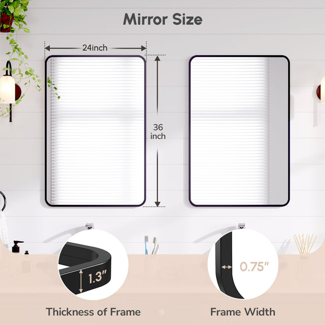 USHOWER Nwar Series – 24x36 Inch Rectangular Black Frame Bathroom Mirror Dimensions with 1.3" Thickness and 0.75" Frame Width