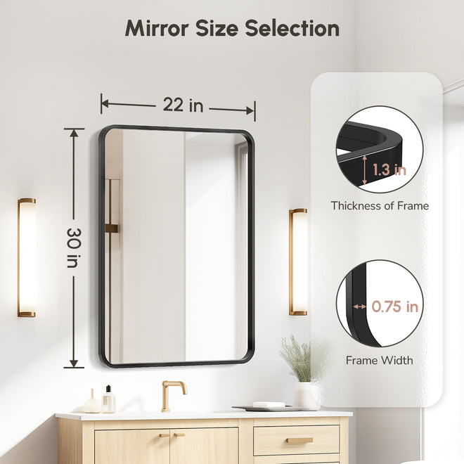 USHOWER Nwar Series 22x30 Inch Black Frame Rectangular Bathroom Mirror with 1.3" Thick and 0.75" Wide Frame Dimensions