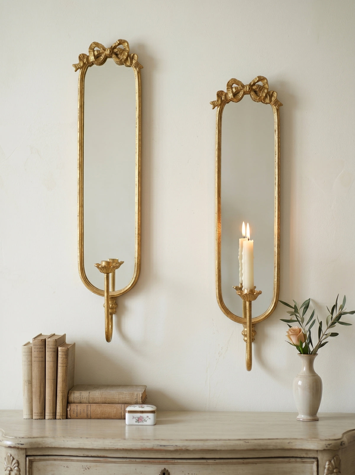 Gold Mirrored Candle Wall Sconces Set of 2 | 28" Iron Bow-Top Holders