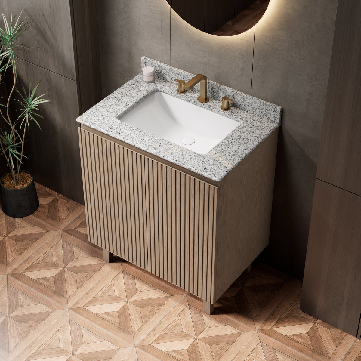 DOIN 30" Freestanding Bathroom Vanity with Natural Granite Countertop and Ceramic Basin, Heidelberg Woodgrain Cabinet, 8" Widespread 3-Hole Faucet Configuration, Disassembled