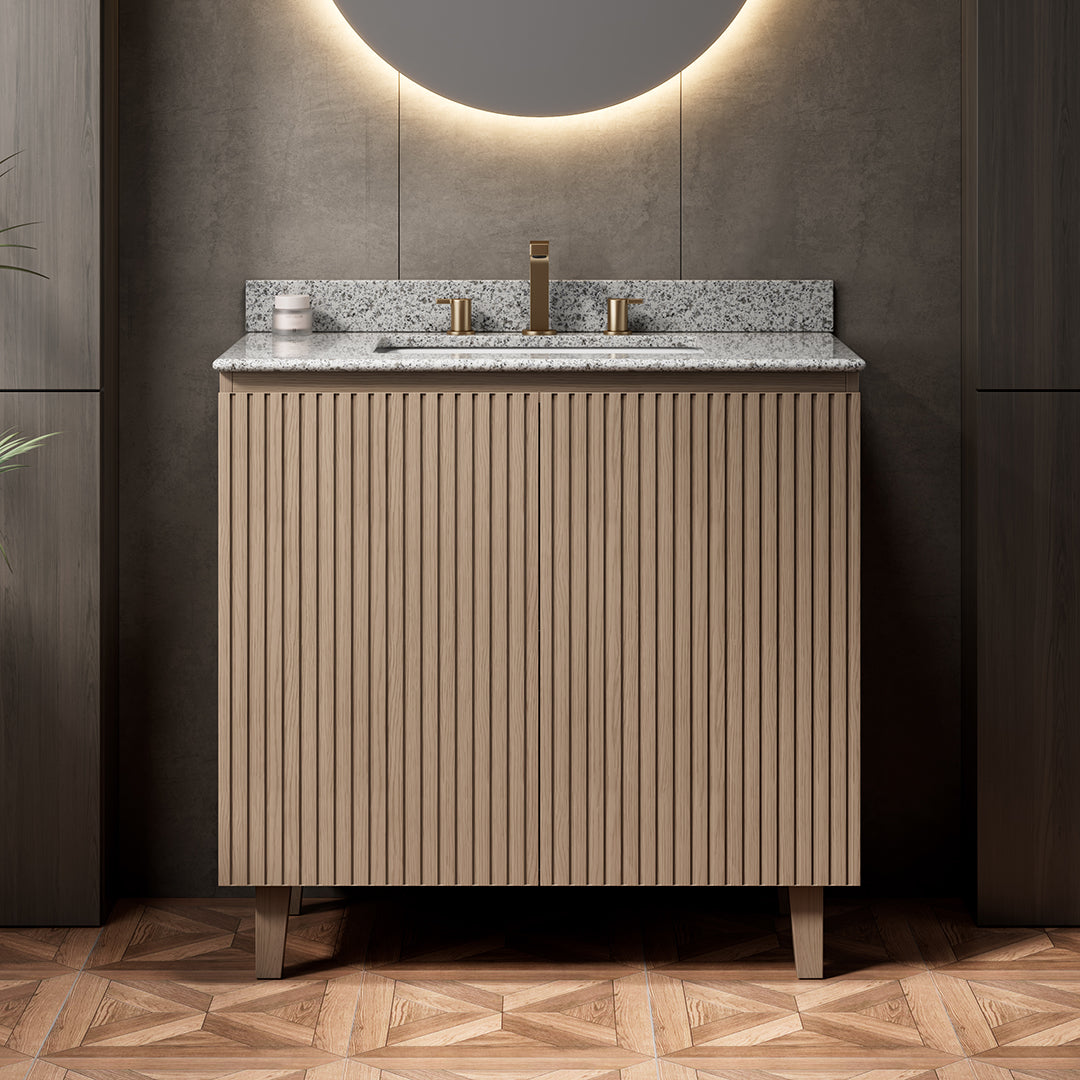 DOIN 36" Freestanding Bathroom Vanity with Natural Granite Countertop and Ceramic Basin, Heidelberg Woodgrain Cabinet, 8" Widespread 3-Hole Faucet Configuration, Disassembled