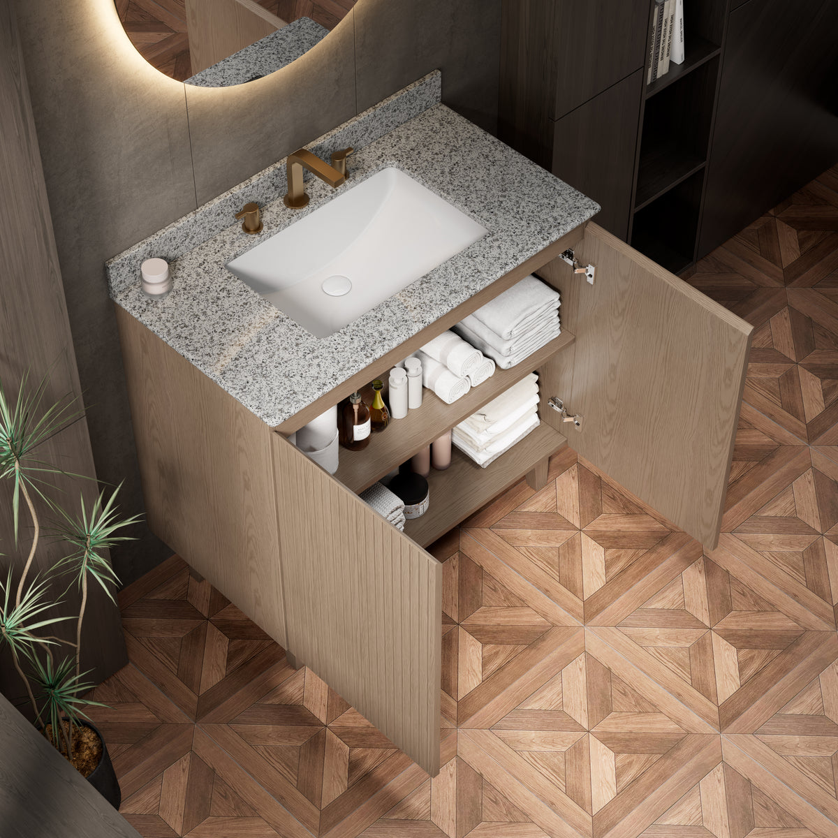 DOIN 36" Freestanding Bathroom Vanity with Natural Granite Countertop and Ceramic Basin, Heidelberg Woodgrain Cabinet, 8" Widespread 3-Hole Faucet Configuration, Disassembled