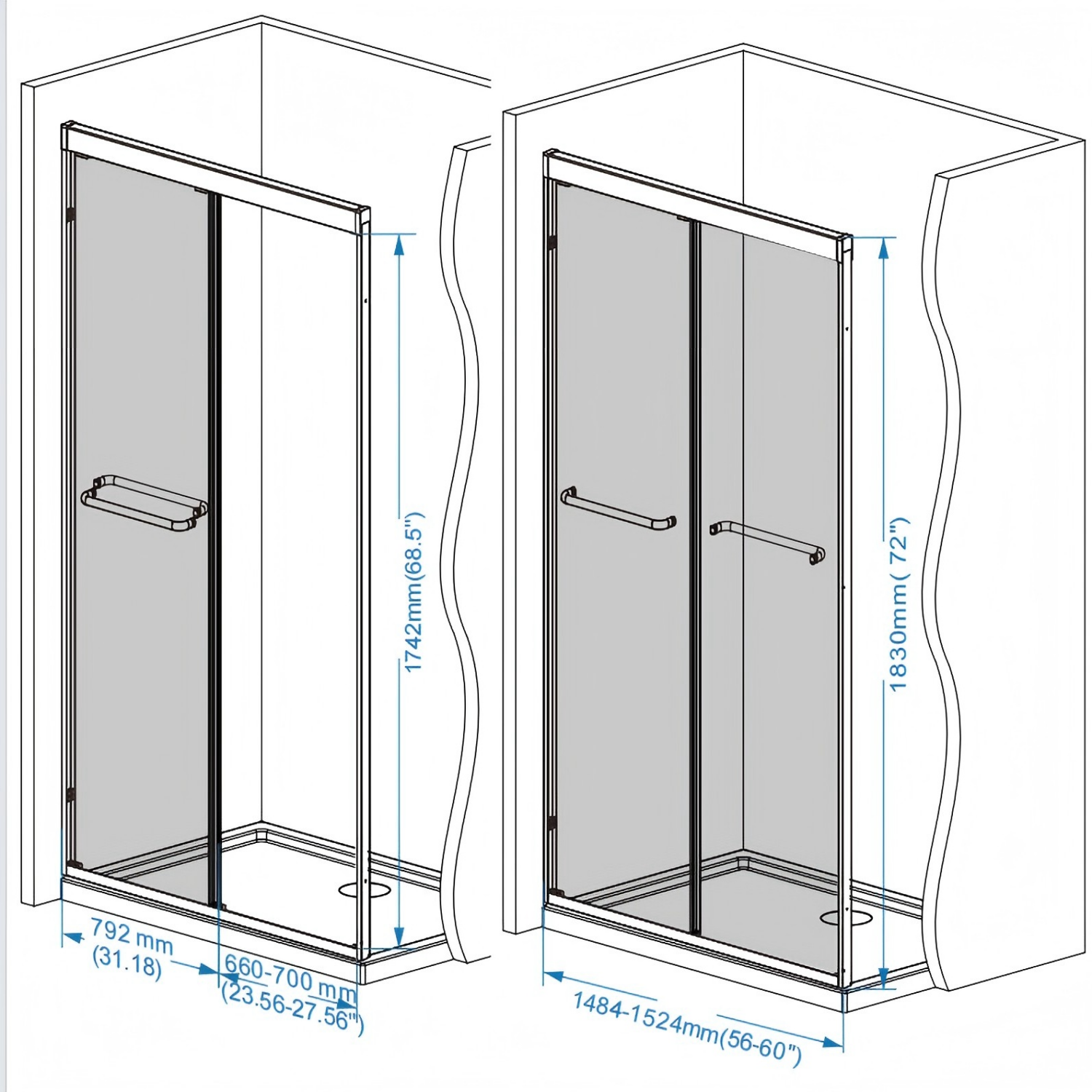 56-60" W x 72" H Double Sliding Shower Door with 6mm Tempered Glass, Safety Film, Matte Black Aluminum Frame & Stainless Steel Handle
