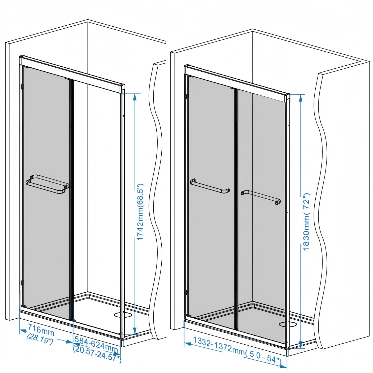 50-54" x 72" Double Sliding Shower Door with 6mm Tempered Glass, Safety Film, Aluminum Frame & Brushed Nickel Stainless Steel Handle