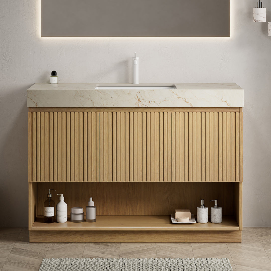 FINO 48" Freestanding Bathroom Vanity with Cream Gold Vein Sintered Stone Countertop and Ceramic Basin, Corolla Oak Woodgrain Cabinet, 1 Pre-Drilled Faucet Hole, Disassembled