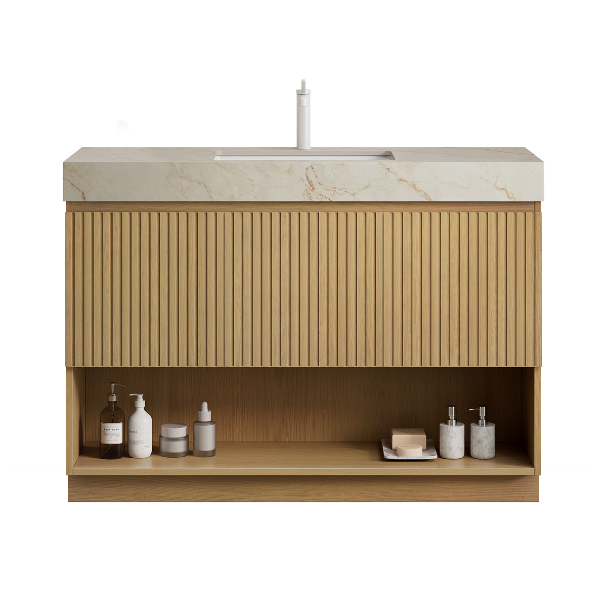 FINO 48" Freestanding Bathroom Vanity with Cream Gold Vein Sintered Stone Countertop and Ceramic Basin, Corolla Oak Woodgrain Cabinet, 1 Pre-Drilled Faucet Hole, Disassembled