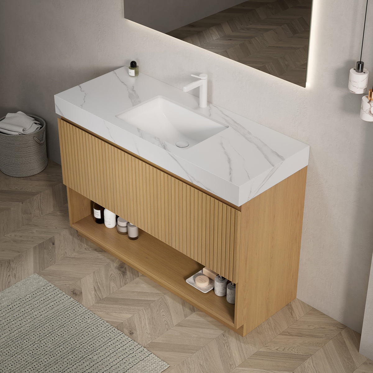FINO 48" Freestanding Bathroom Vanity with Carrara White Sintered Stone Countertop and Ceramic Basin, Corolla Oak Woodgrain Cabinet, 1 Pre-Drilled Faucet Hole, Disassembled（副本）