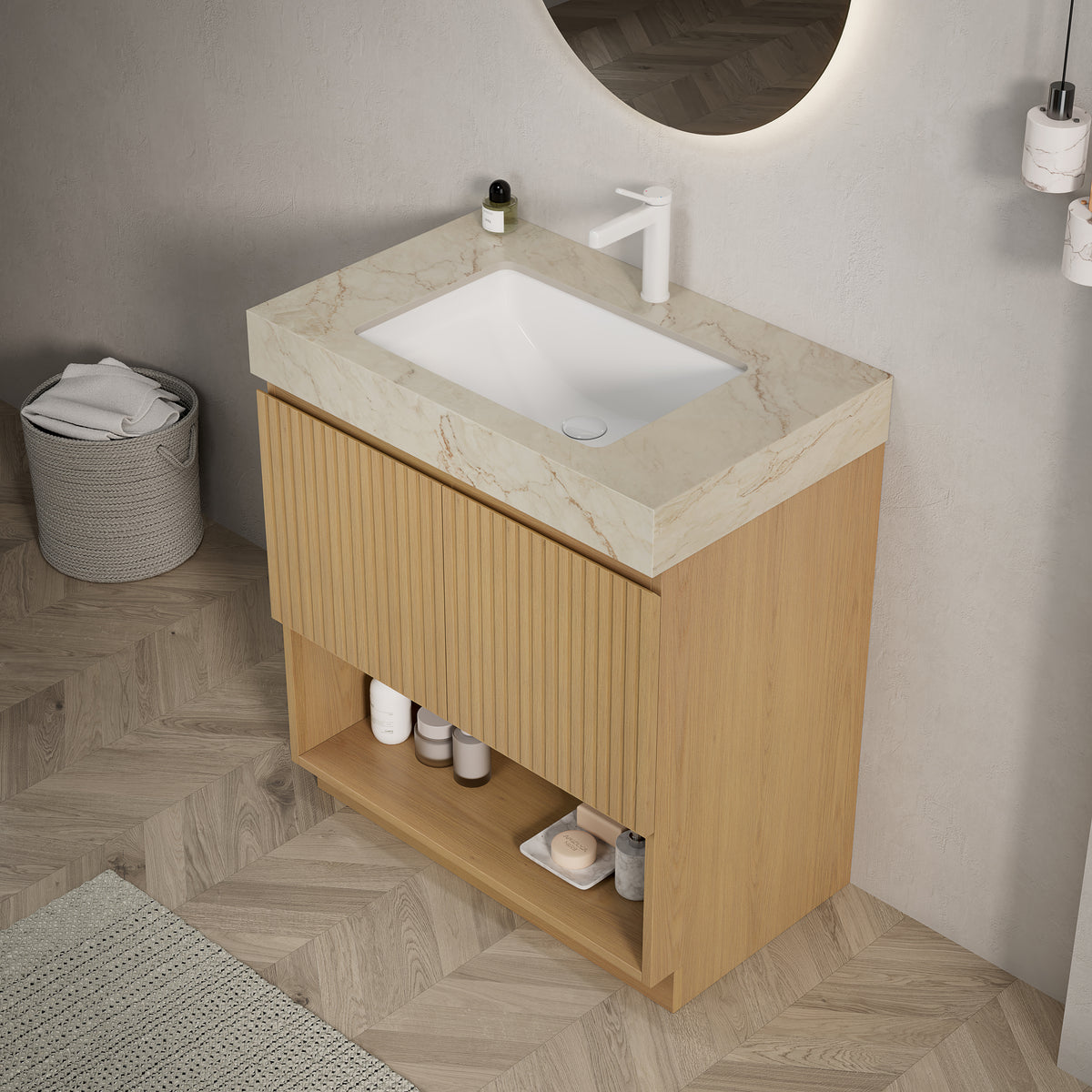 FINO 30" Freestanding Bathroom Vanity with Cream Gold Vein Sintered Stone Countertop and Ceramic Basin, Corolla Oak Woodgrain Cabinet, 1 Pre-Drilled Faucet Hole, Disassembled