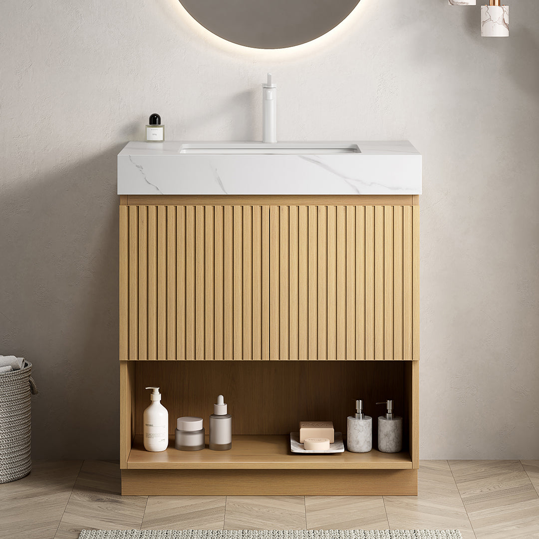 FINO 30" Freestanding Bathroom Vanity with Carrara White Sintered Stone Countertop and Ceramic Basin, Corolla Oak Woodgrain Cabinet, 1 Pre-Drilled Faucet Hole, Disassembled