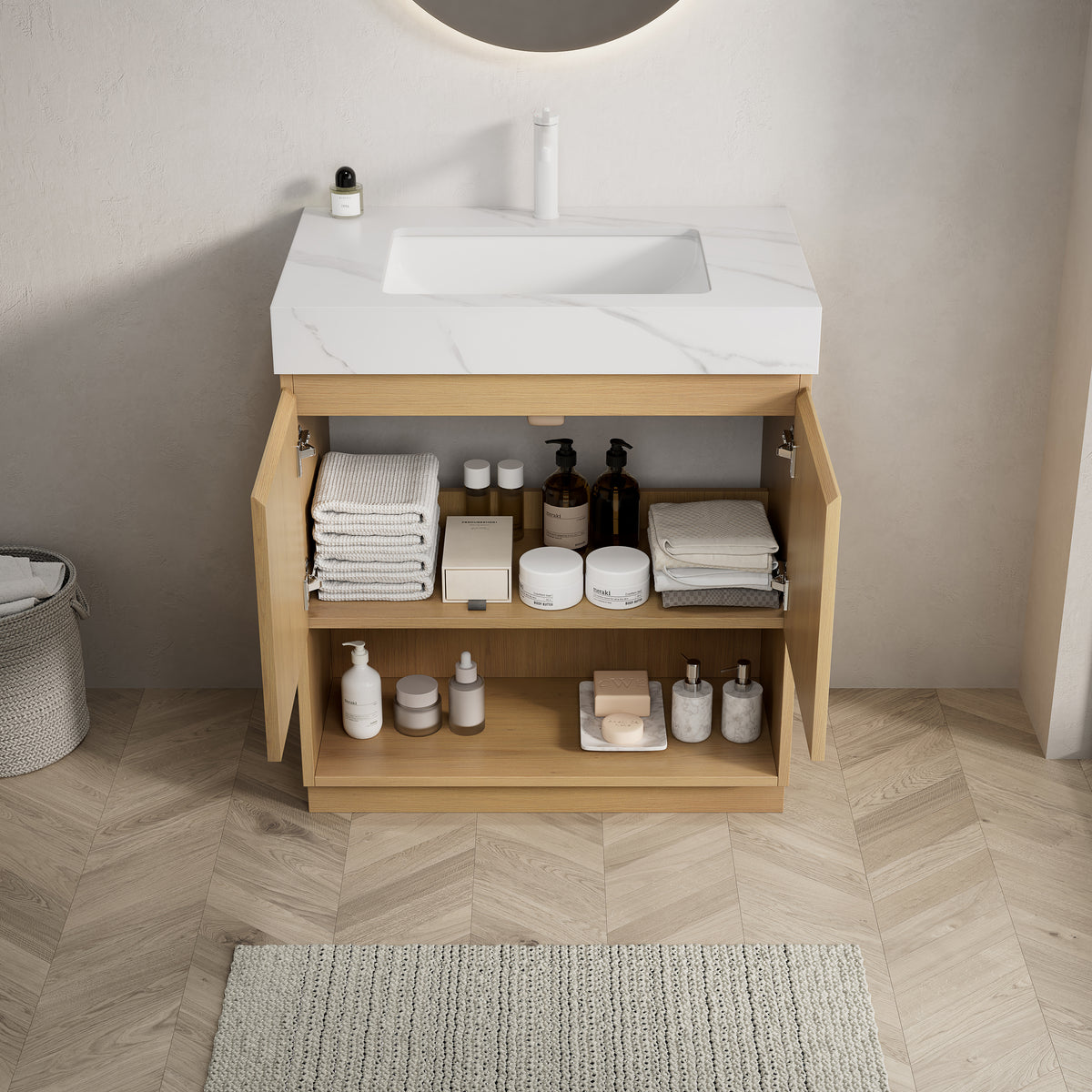 FINO 30" Freestanding Bathroom Vanity with Carrara White Sintered Stone Countertop and Ceramic Basin, Corolla Oak Woodgrain Cabinet, 1 Pre-Drilled Faucet Hole, Disassembled