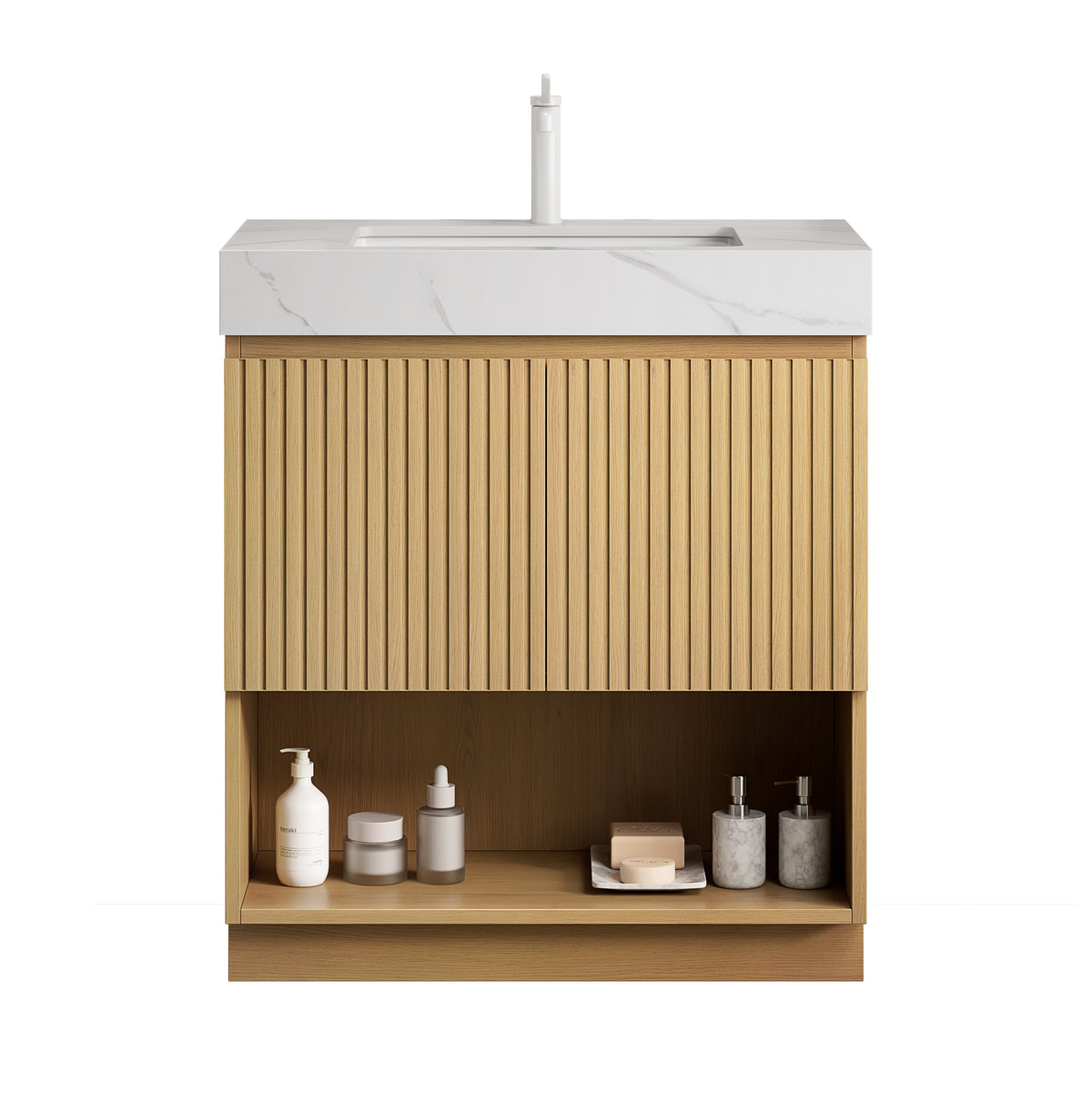 FINO 30" Freestanding Bathroom Vanity with Carrara White Sintered Stone Countertop and Ceramic Basin, Corolla Oak Woodgrain Cabinet, 1 Pre-Drilled Faucet Hole, Disassembled